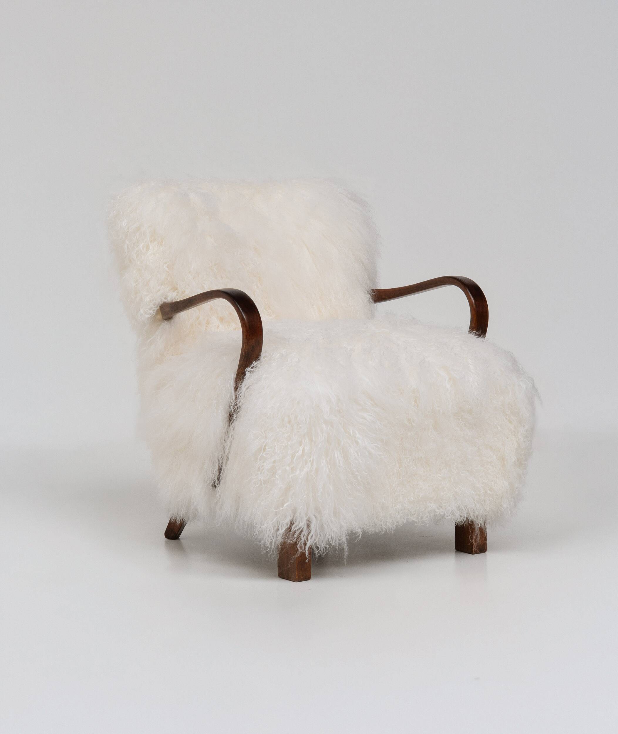 Pair of Art Deco Armchairs in Mongolian Sheepskin, 1950s