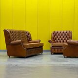 Vintage Chesterfield Brown Leather High Back sofa and Armchairs, Set of 3