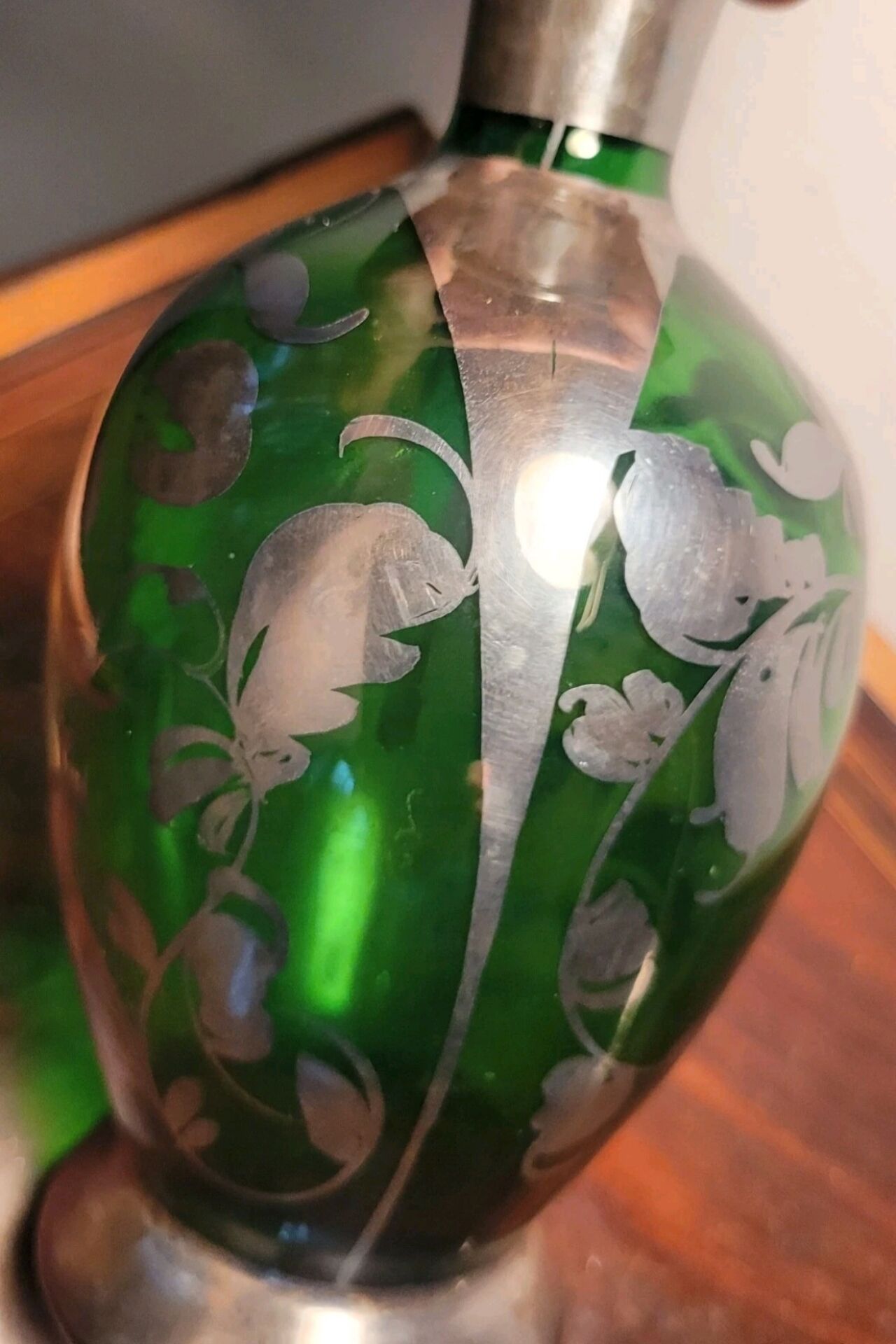 Murano glass alcohol bottle green & silver 1930s - 1940s.