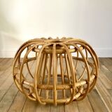 Designer round coffee table in rattan and smoked glass 1970