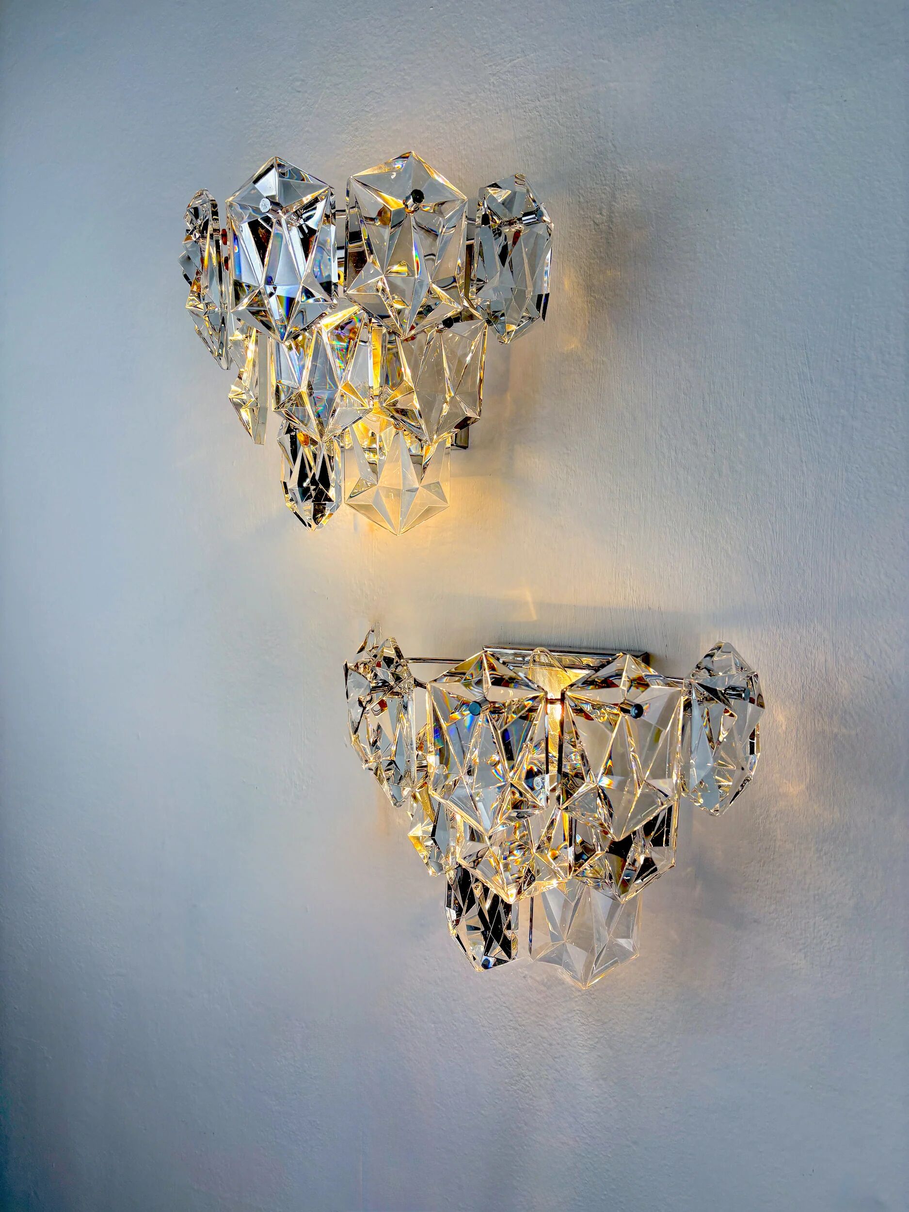 Pair of Kinkeldey 2-tier cut crystal wall sconces, Germany, circa 1970s
