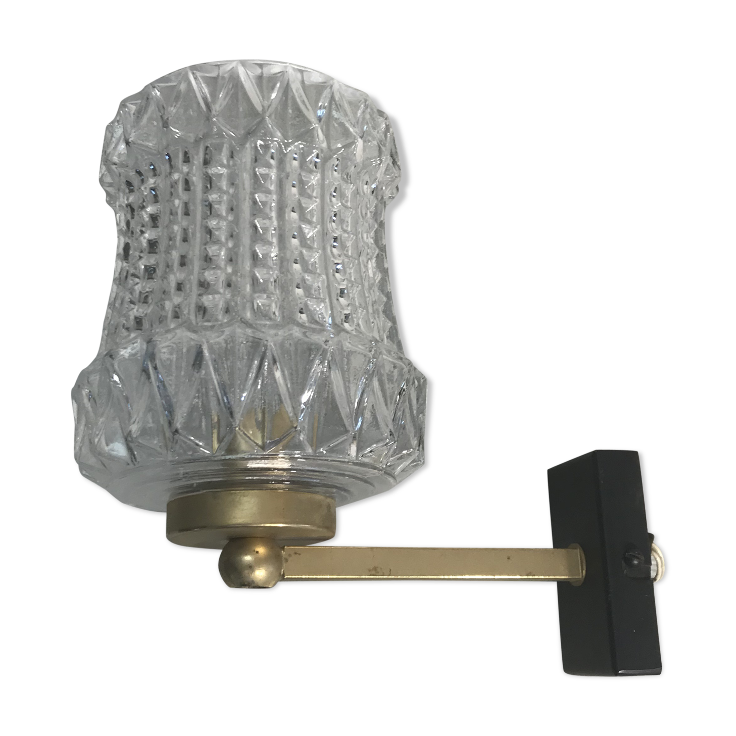 Vintage wall sconce with black metal sconce and glass reflector molded, 70s