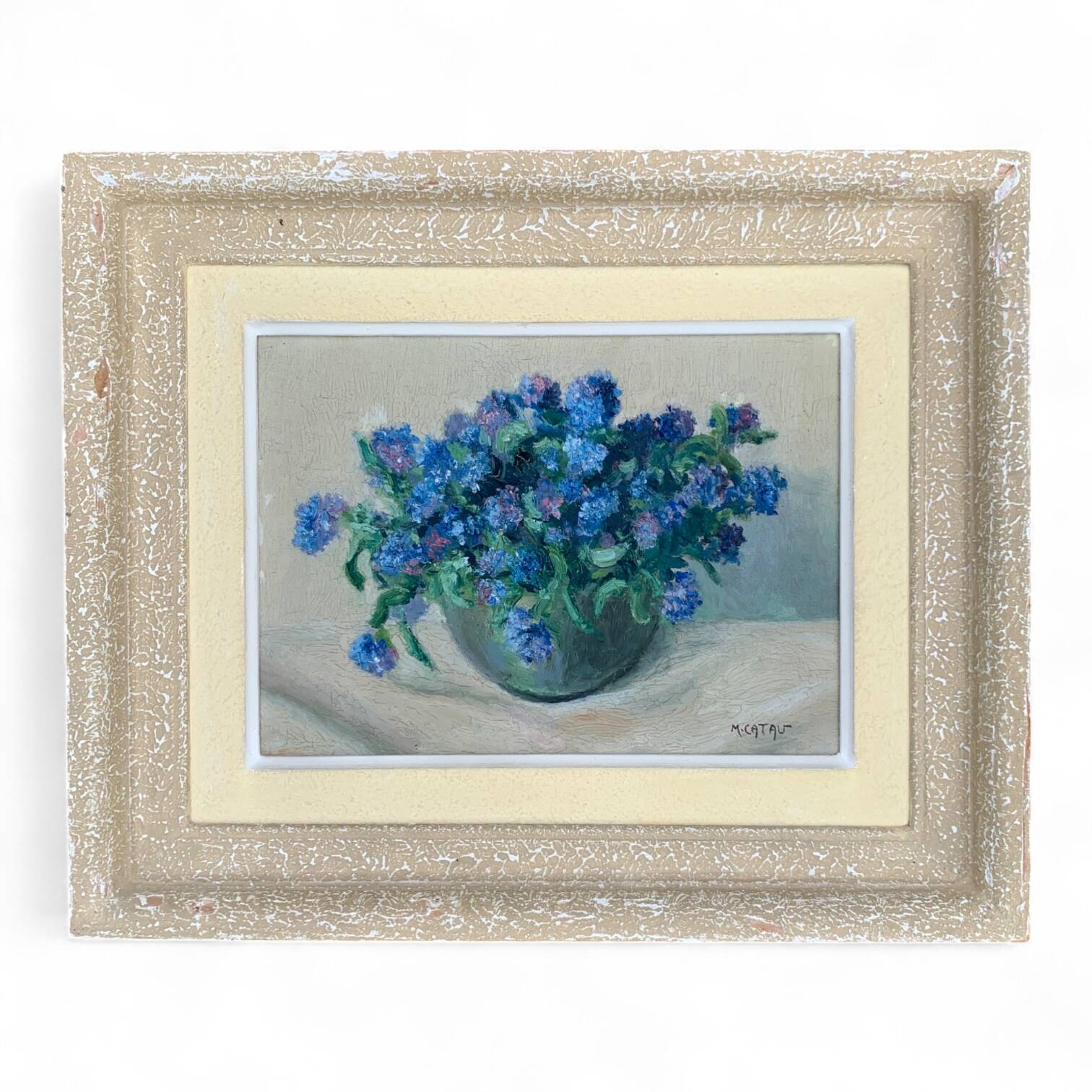 Table Painting on cardboard still life bouquet Maurice Catau Nancy 1954