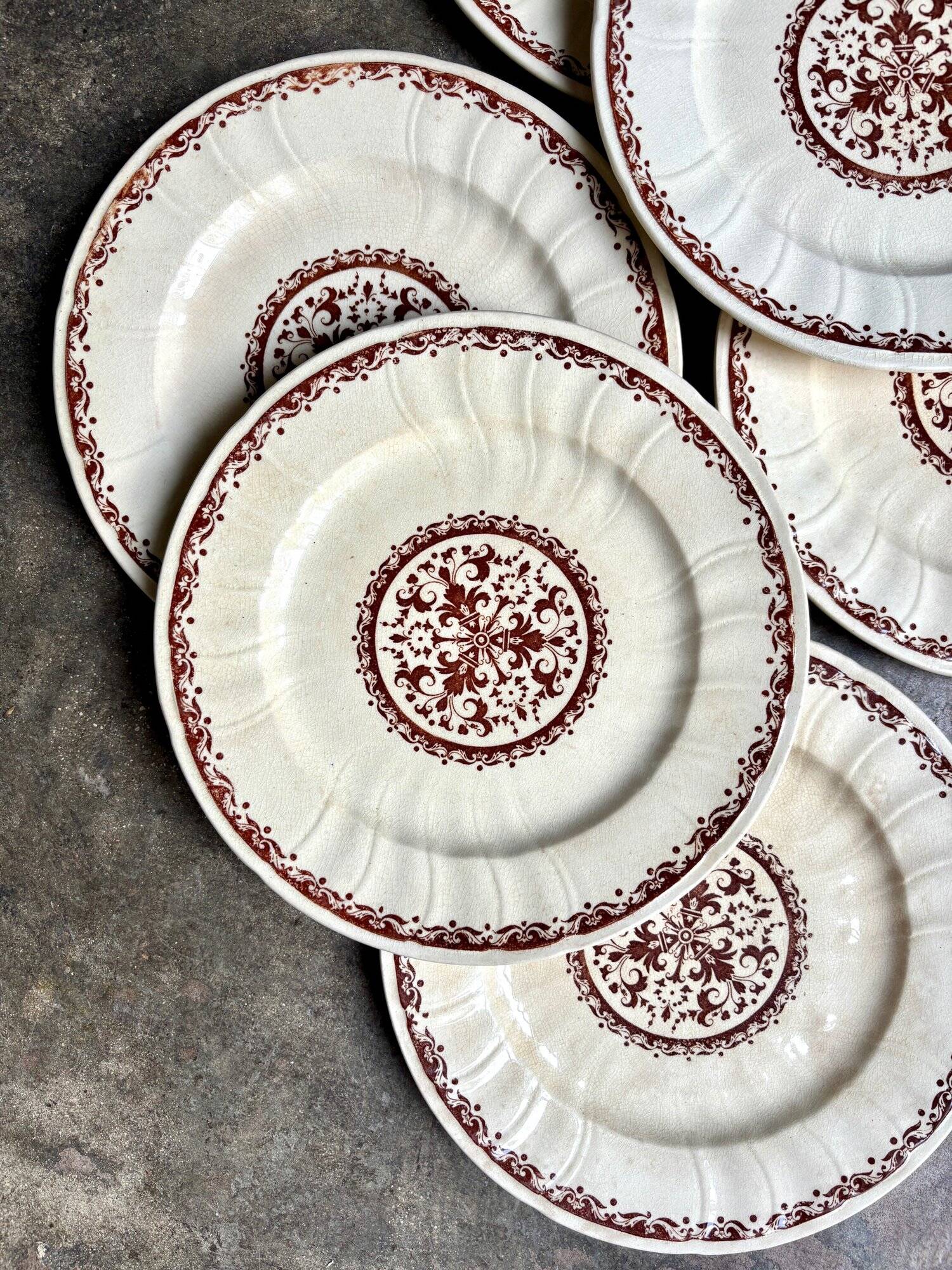 6 Gien dessert plates in ecru and brown ironstone