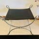 Tabouret Curule Style Maison Jansen en Acier Chromé et Cuir Noir