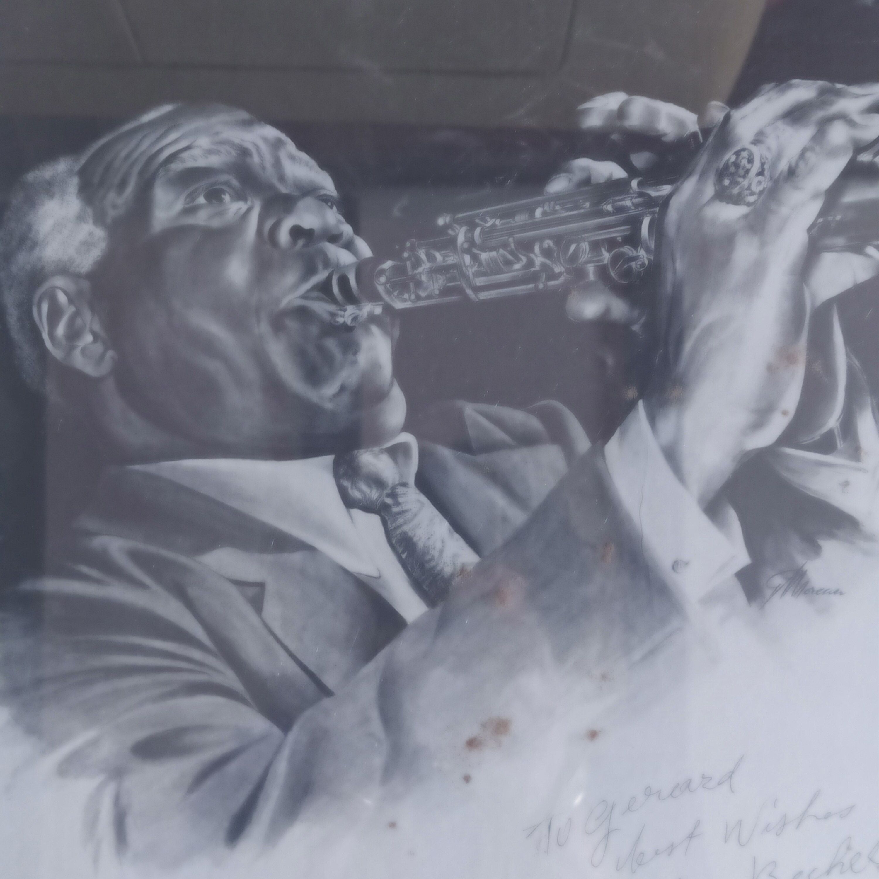 Drawing by Gérard Moreau signed by Sidney Bechet