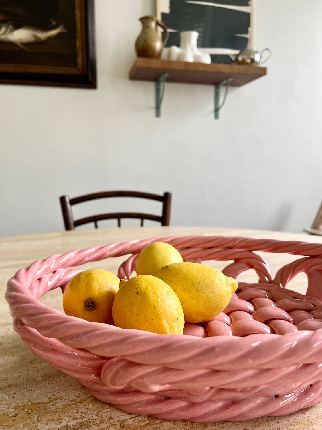Vintage pink woven ceramic fruit basket