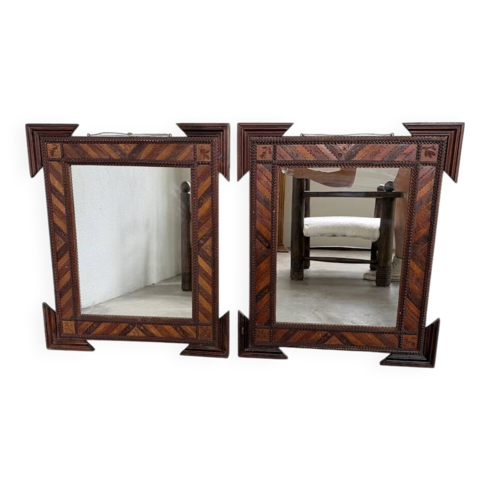 Pair of wooden mirrors in tramp art style