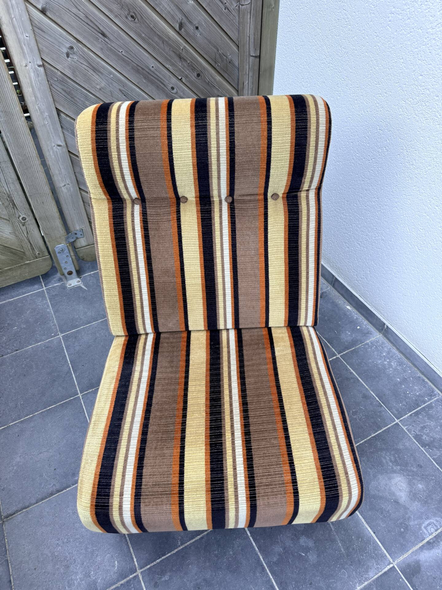 Vintage 1970s lounge chair – striped orange, brown, and cream velvet