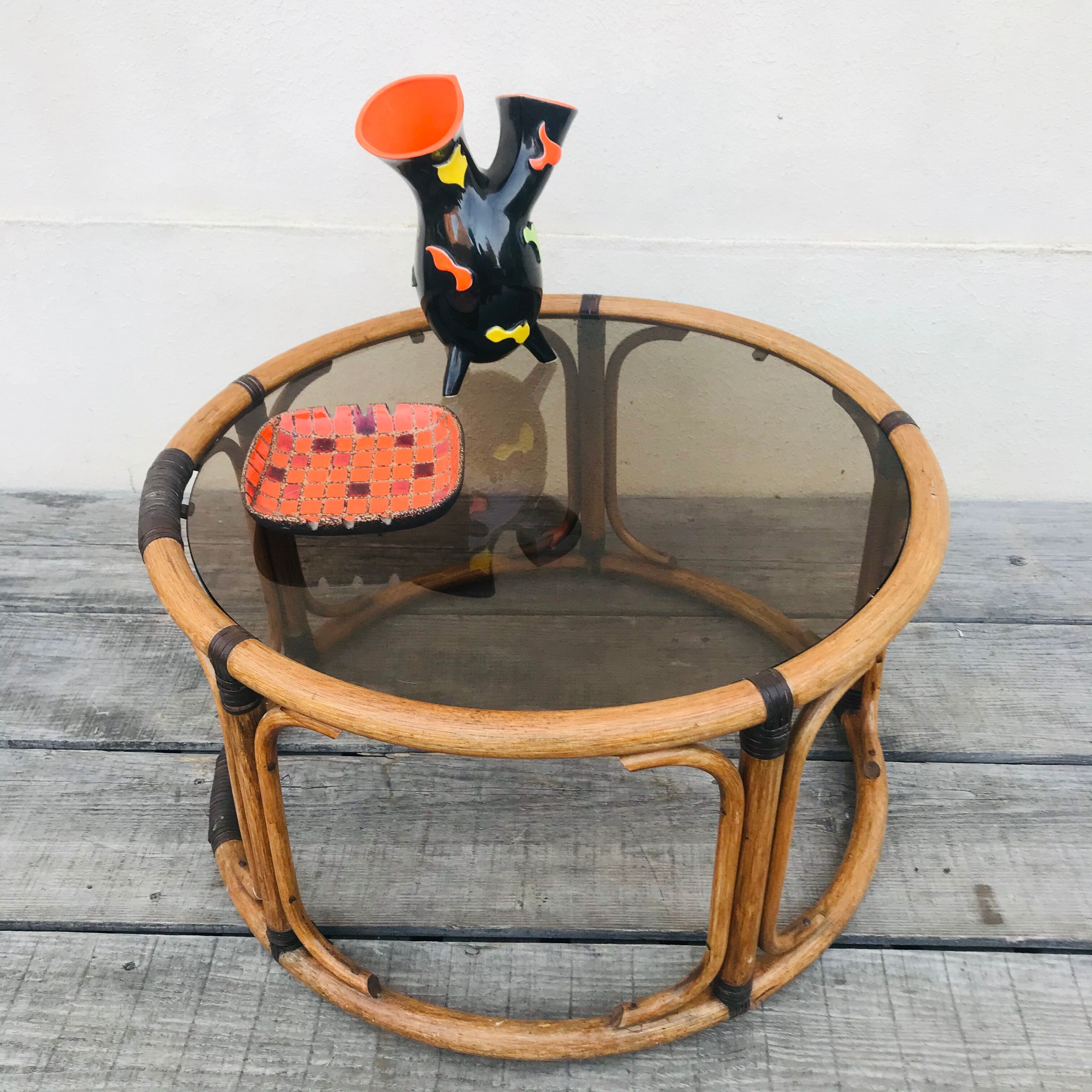 Bamboo round coffee table and vintage smoked glass 70