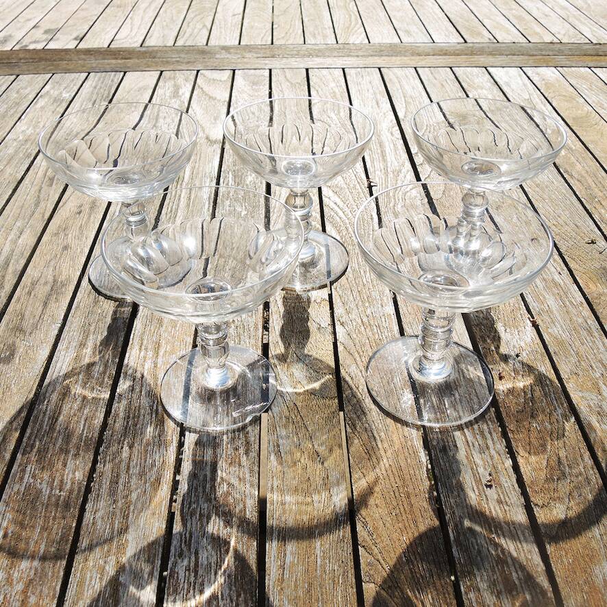 5 Antique Champagne Glasses in Gadrooned Glass