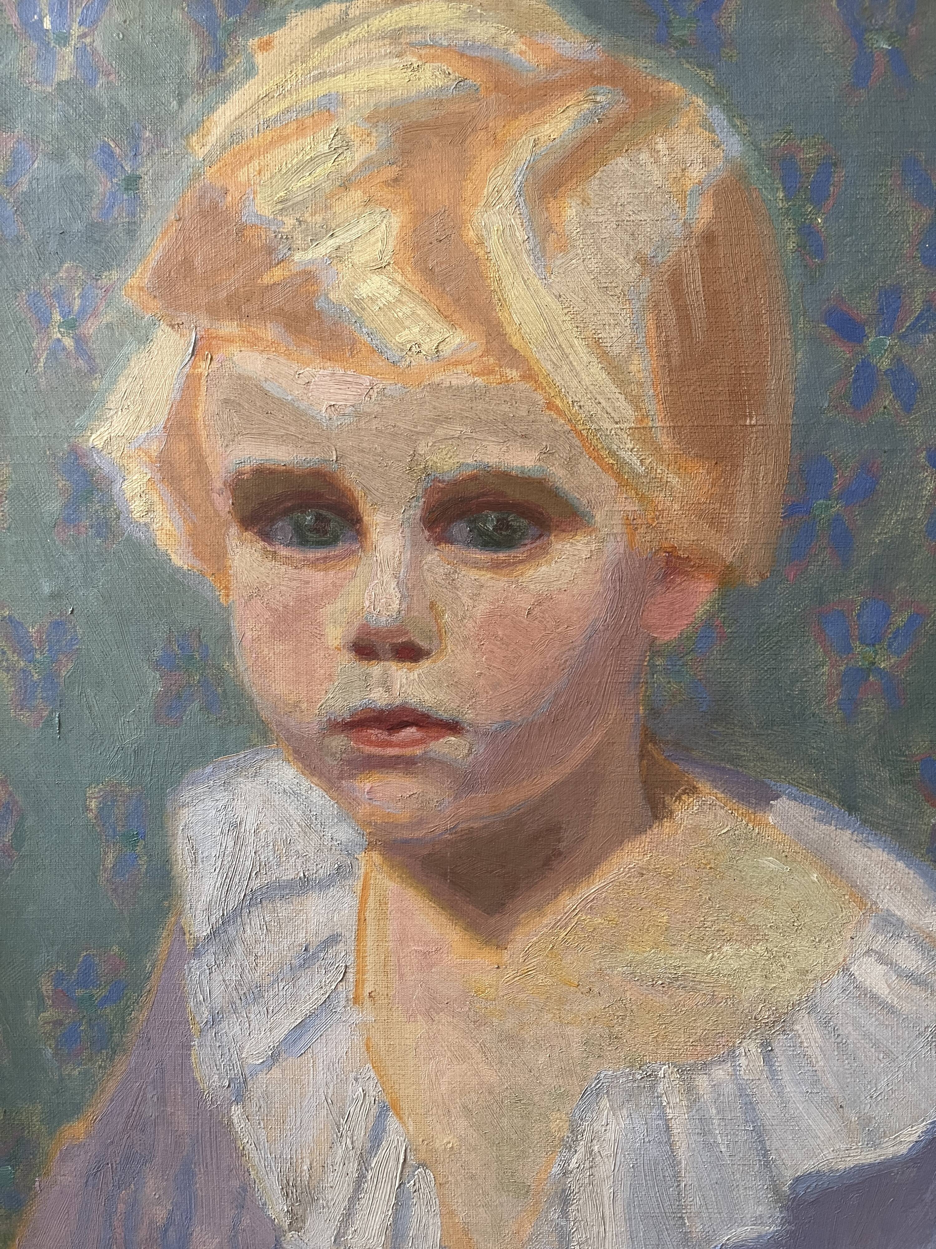 Oil on canvas, portrait of a child signed J. Bertrand, early 20th century.