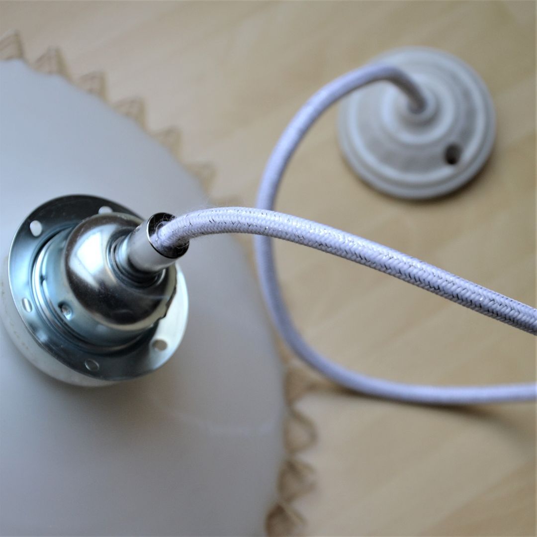 White scalloped opaline hanging and chrome metal sleeve