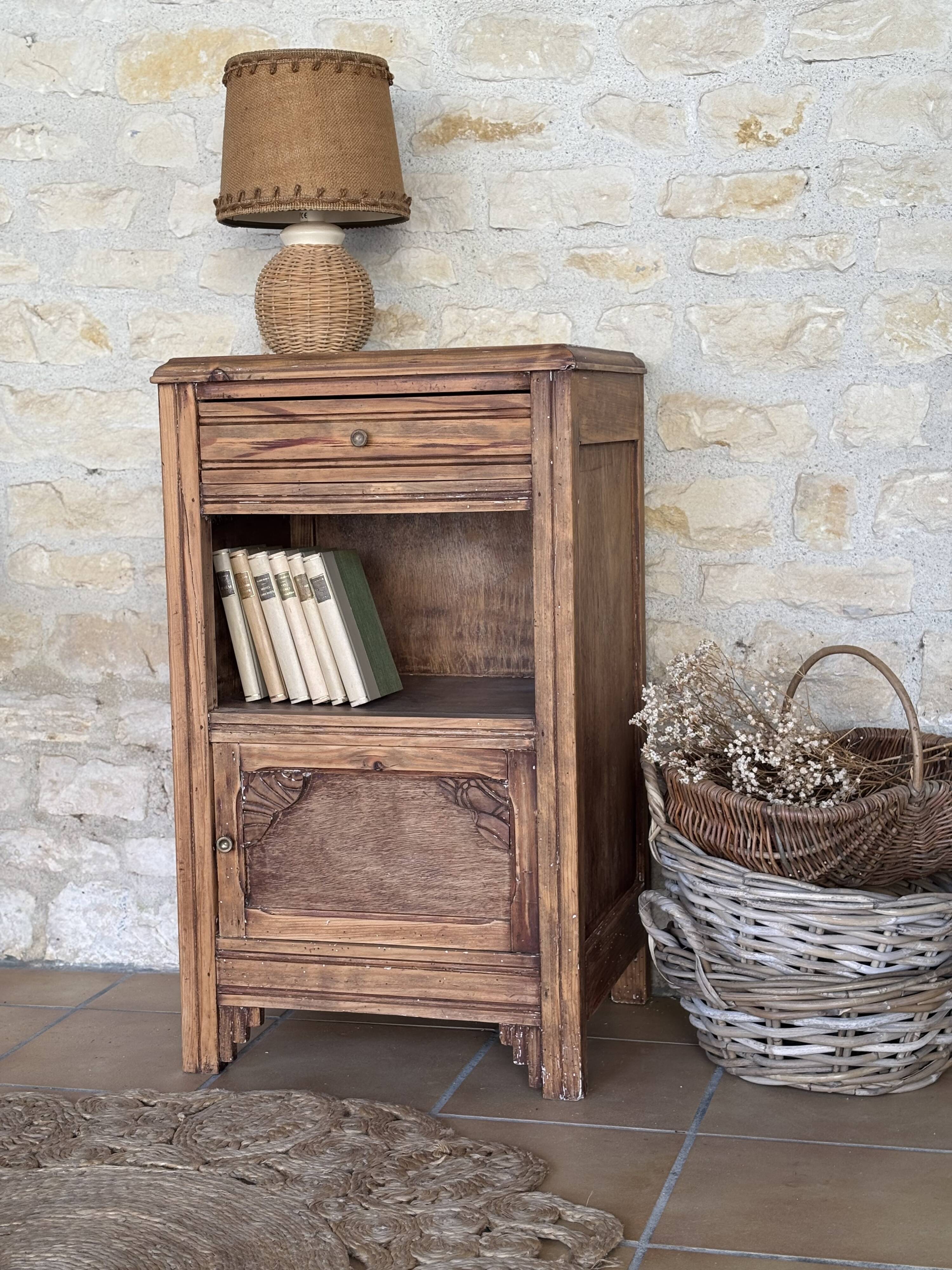 Bedside table and its original patina or small accent piece.