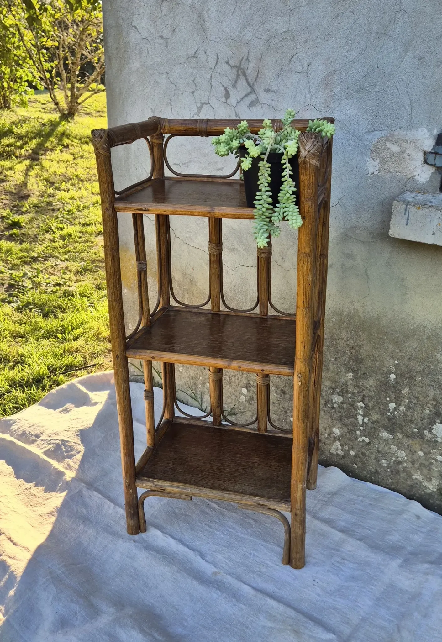Set of 2 vintage bamboo rattan bedside shelves