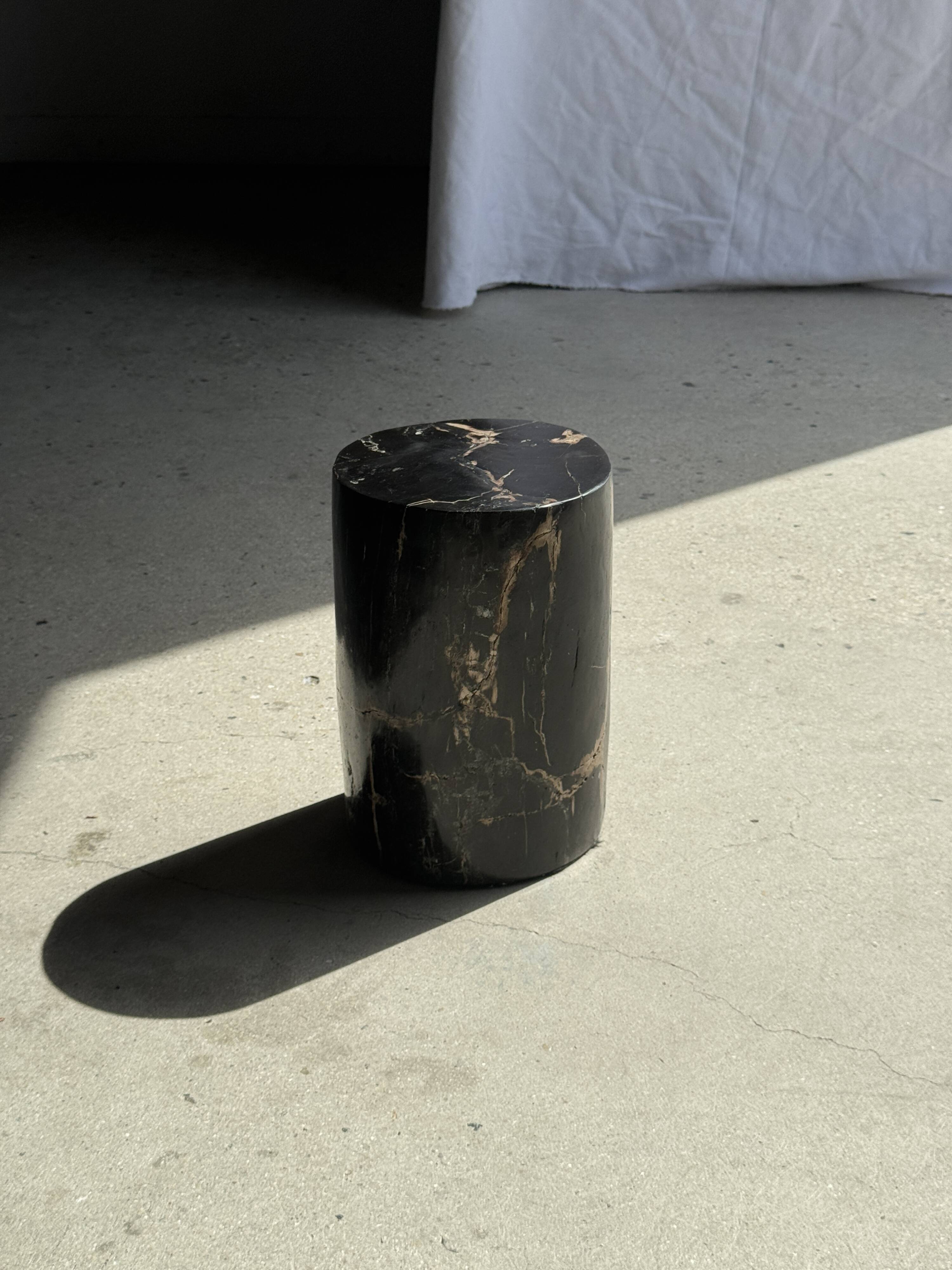 Small side table in black petrified wood with stripes and beige bottom H28.
