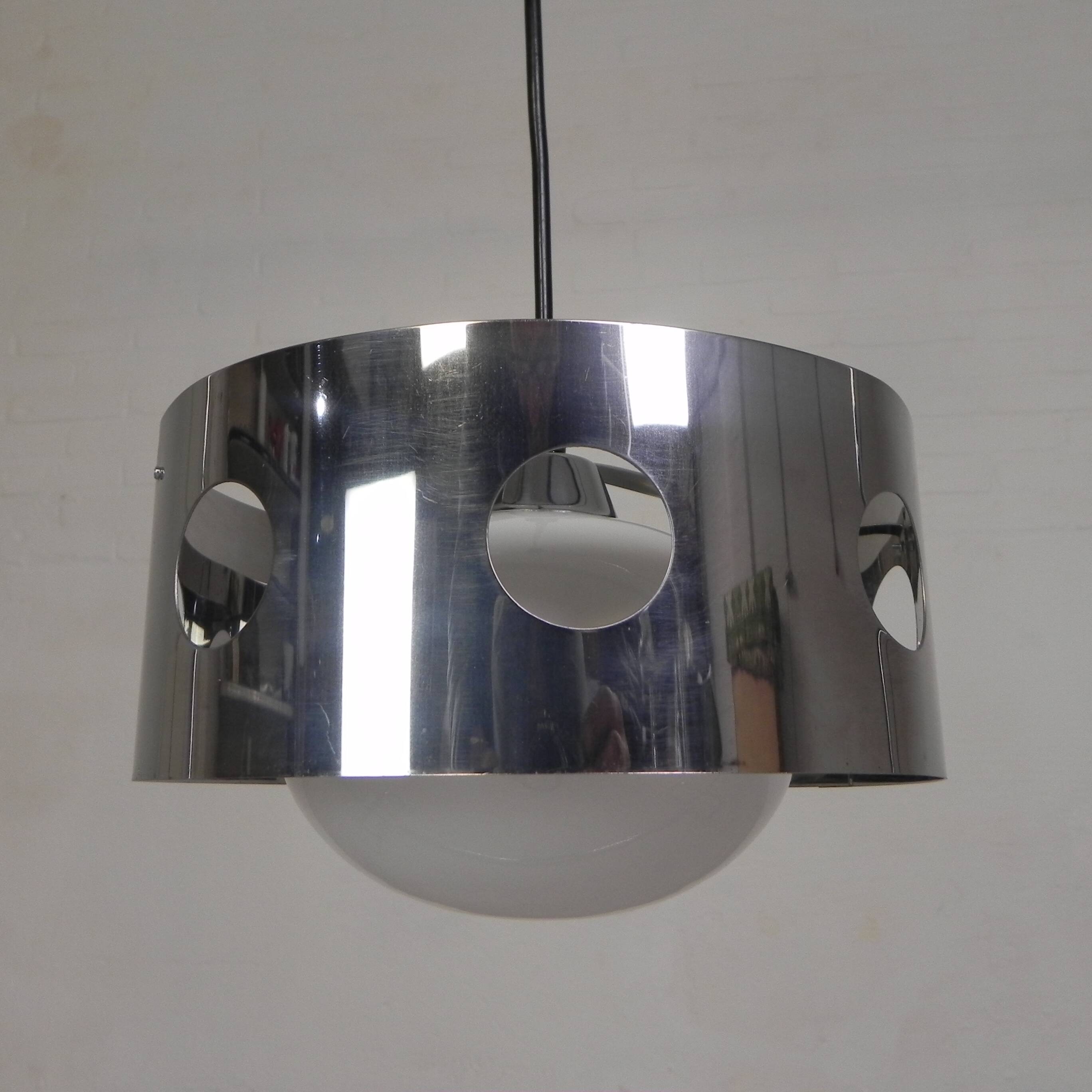 Vintage pendant lamp with chrome cylinder and glass globe