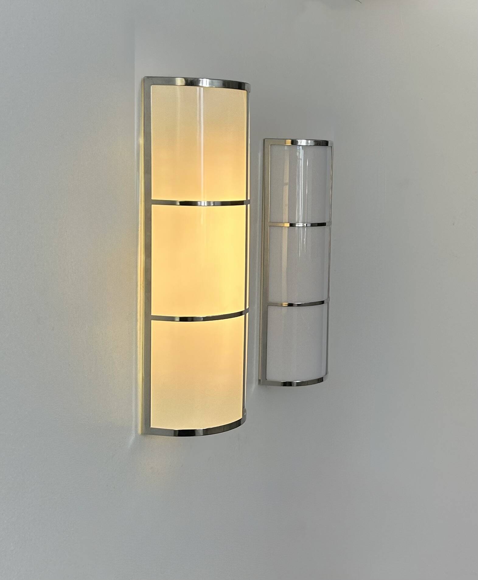 Pair of vintage wall lights, chrome and perspex, France, 1980