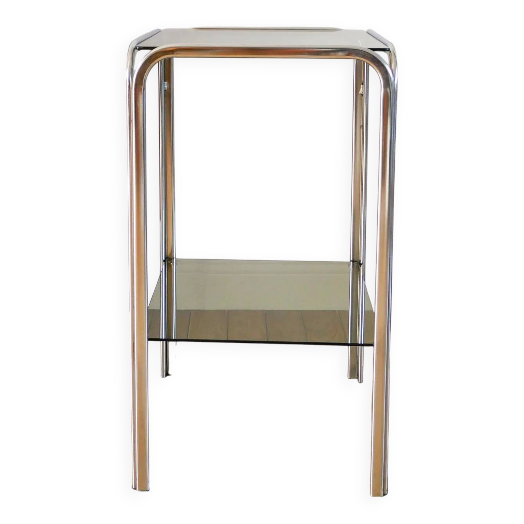 Chrome and smoked glass tubular console / side table, double tiers, 1970.