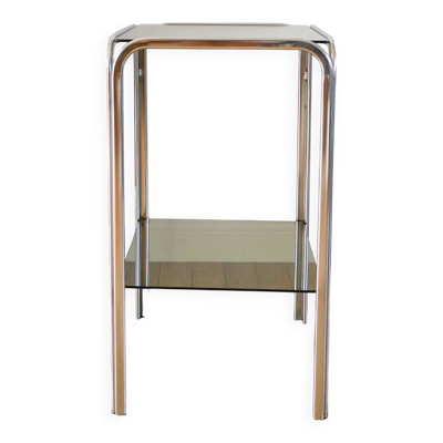 Console / table d'appoint tubulaire en chrome et verre fumé, double plateaux, 1970