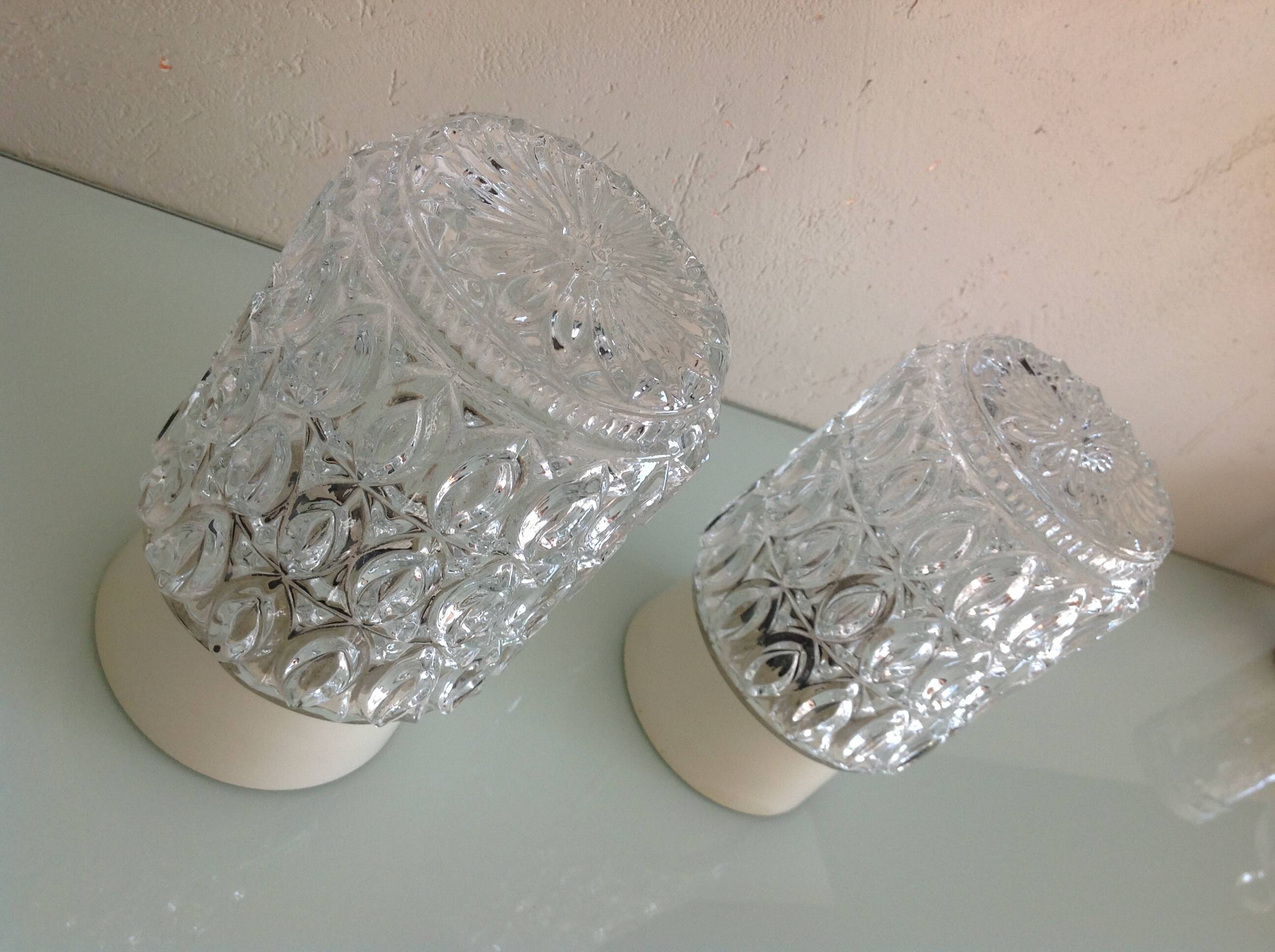 Pair of cylindrical structured glass ceiling lights / vintage 60s-70s