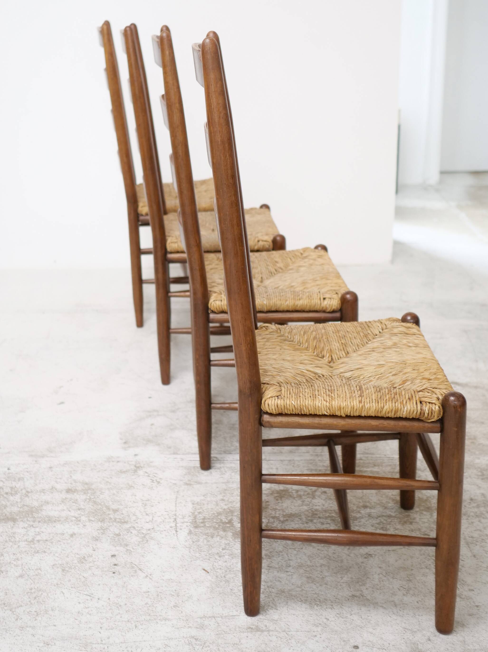 Architectural high-back chairs, straw seat, set of 4.