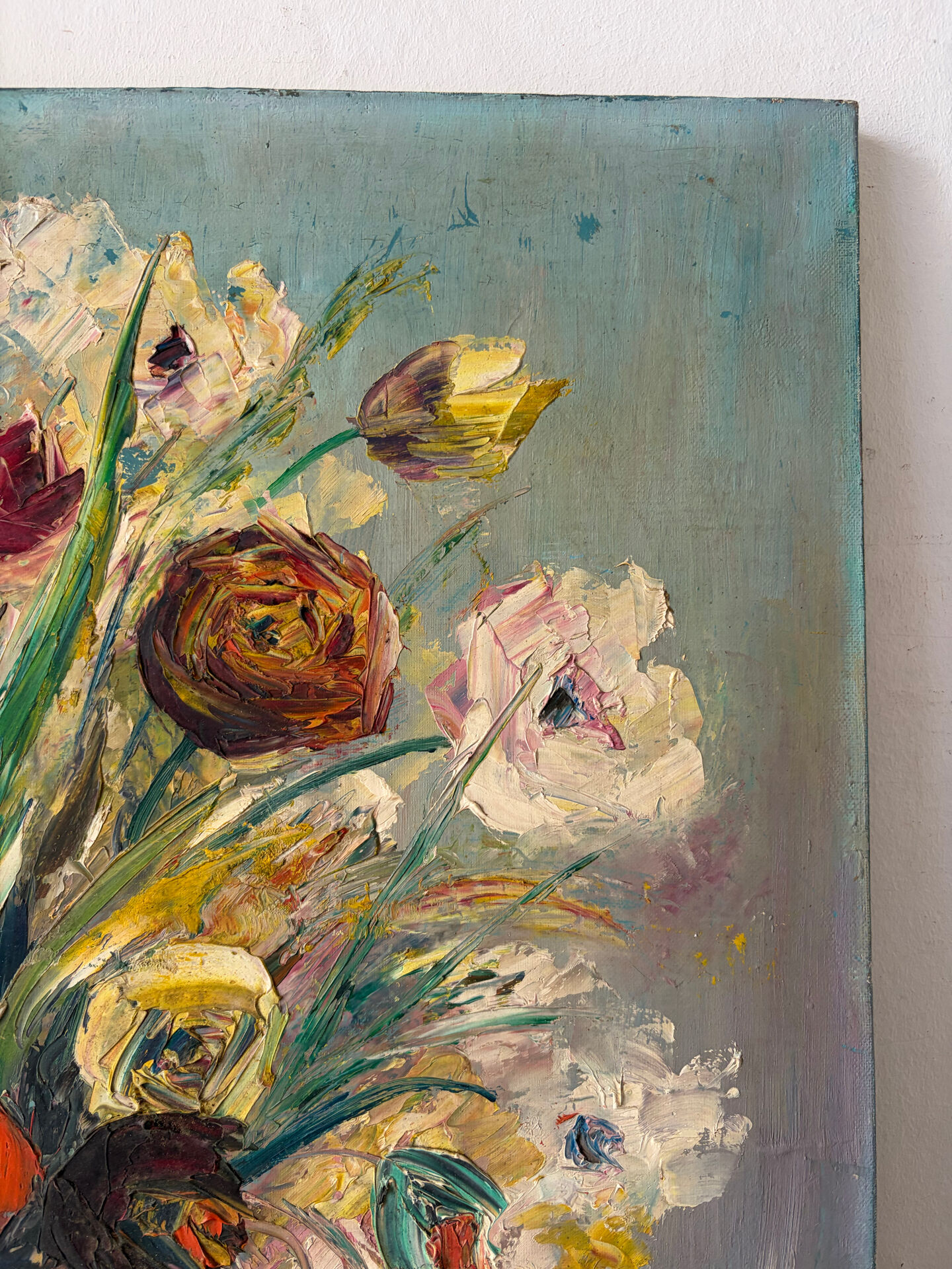 Bouquet, huile au couteau, signée Lallemand