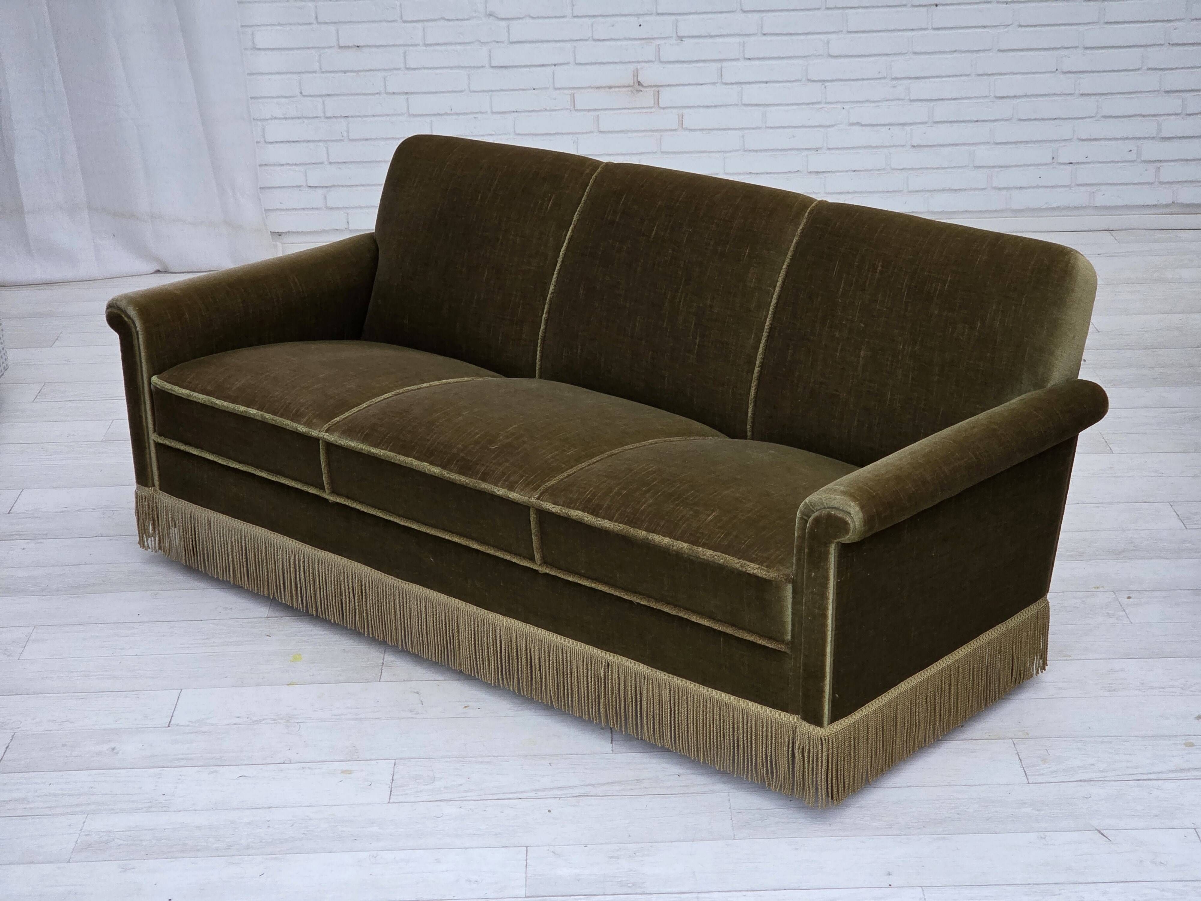 1970s, Danish 3-seater sofa, green furniture velour, teak wood legs.