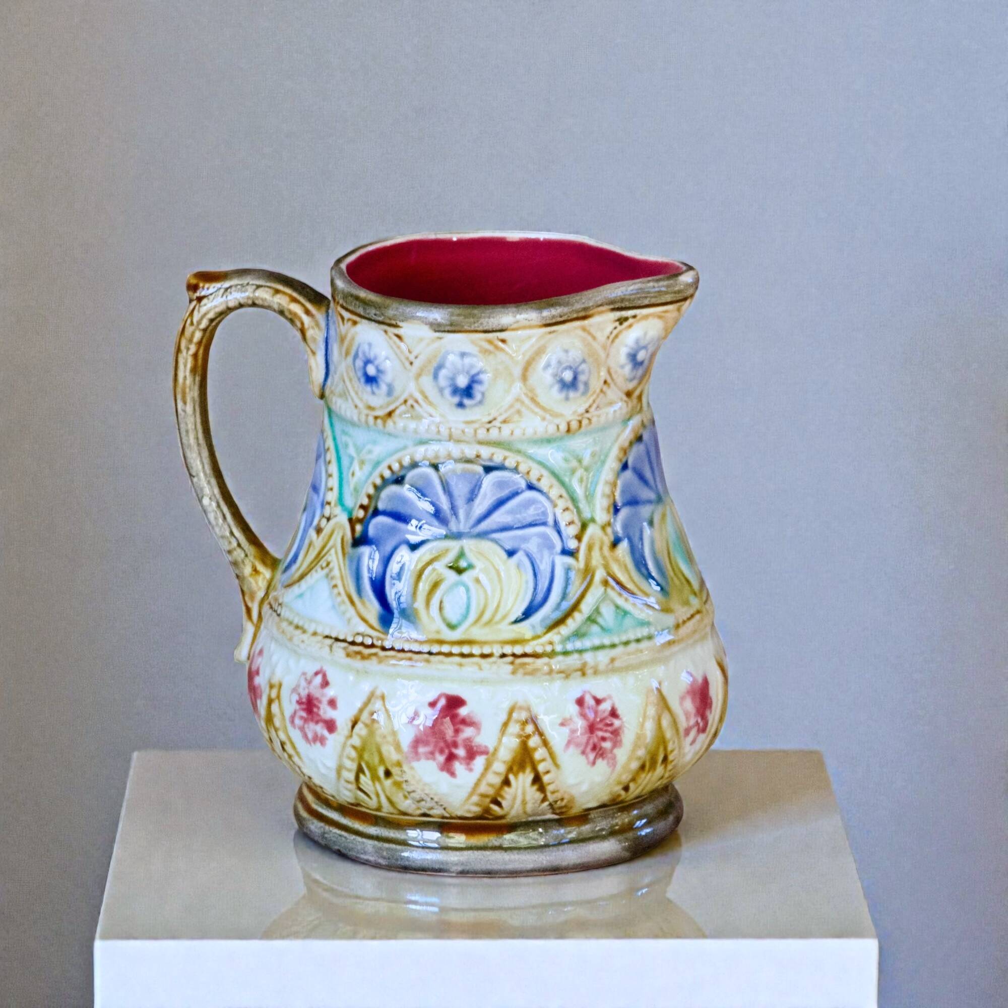 19th-century antique pitcher in polychrome majolica signed Nimy-les-Mons.