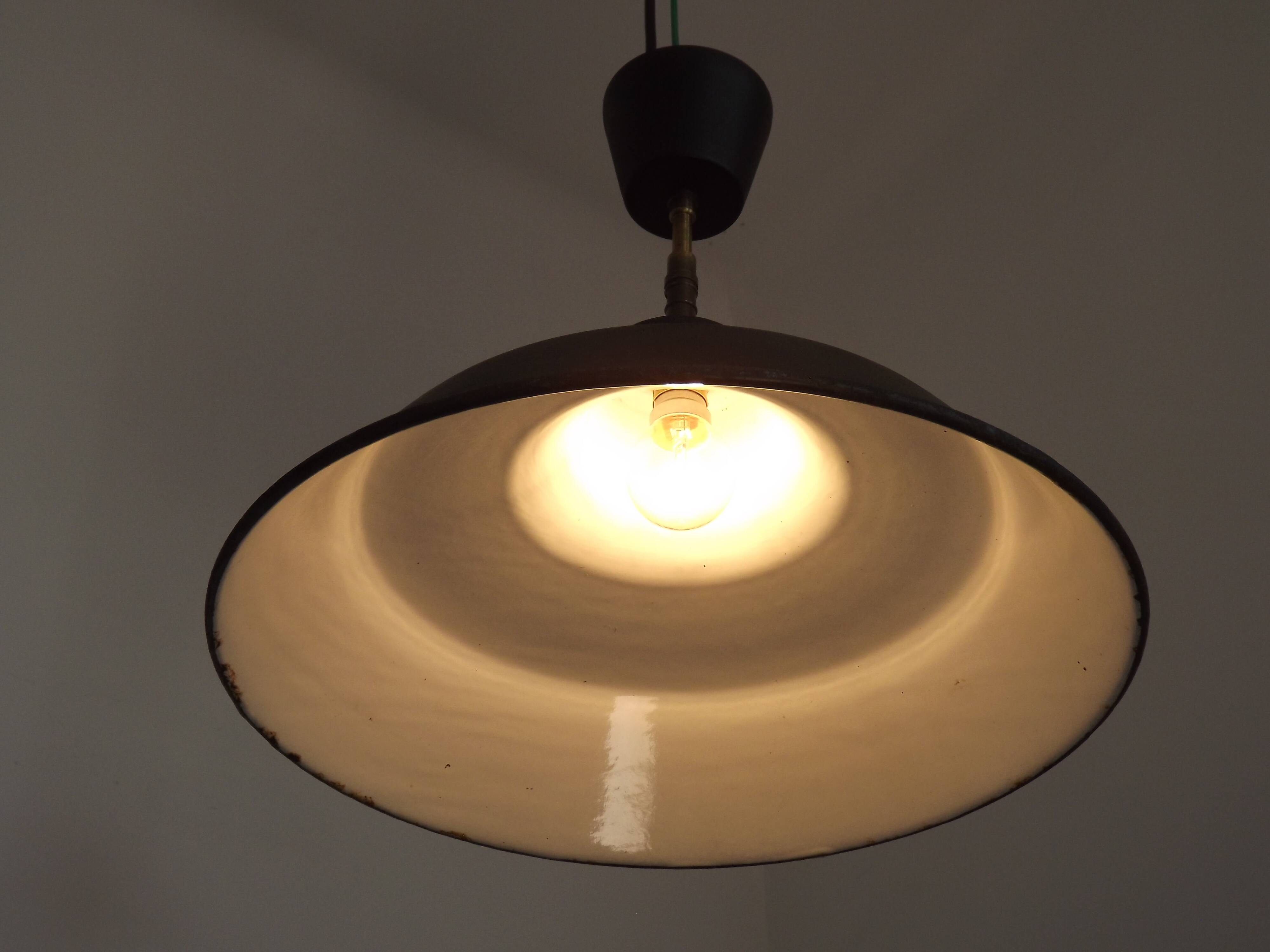 French Vintage 1950s Industrial Light In Black Metal White Enamal & Brass