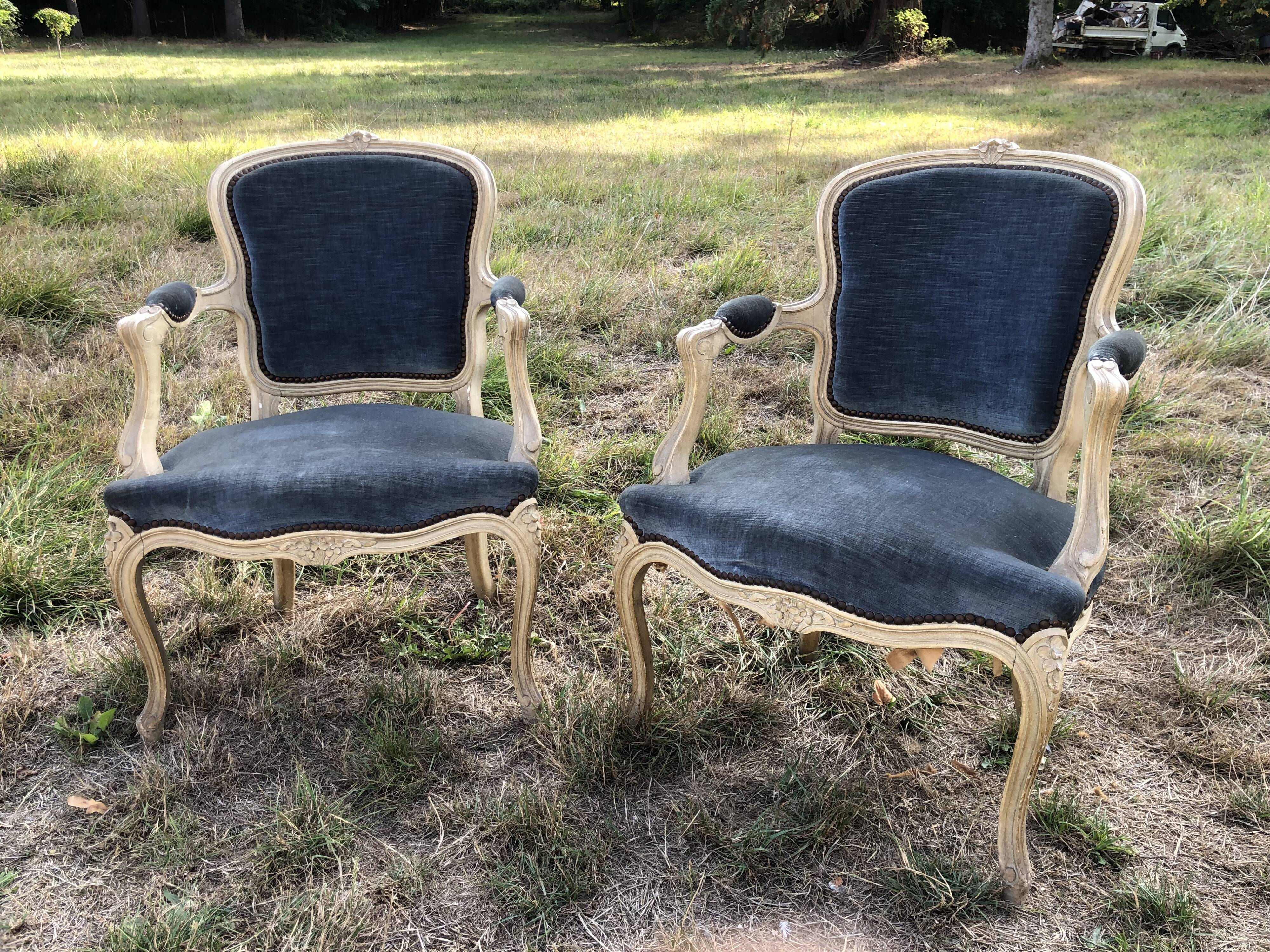 Pair of blue Louis XV style armchairs