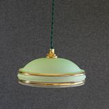 Suspension ancienne années 40 en verre granité vert avec filets dorés, douille et cable neufs