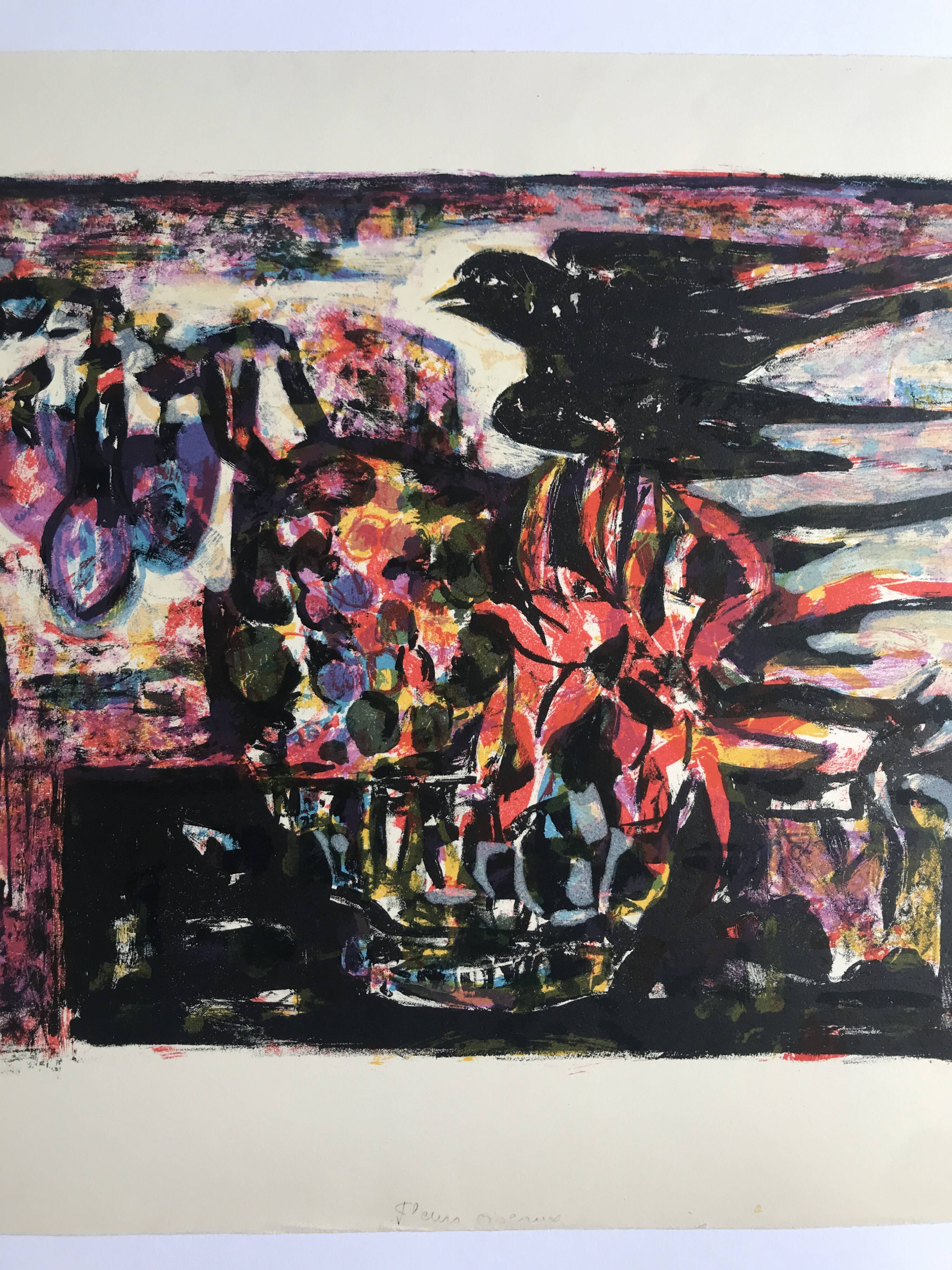 Yvette alde, flowers and birds, c 1950. lithograph signed in pencil