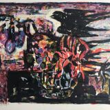 Yvette alde, flowers and birds, c 1950. lithograph signed in pencil