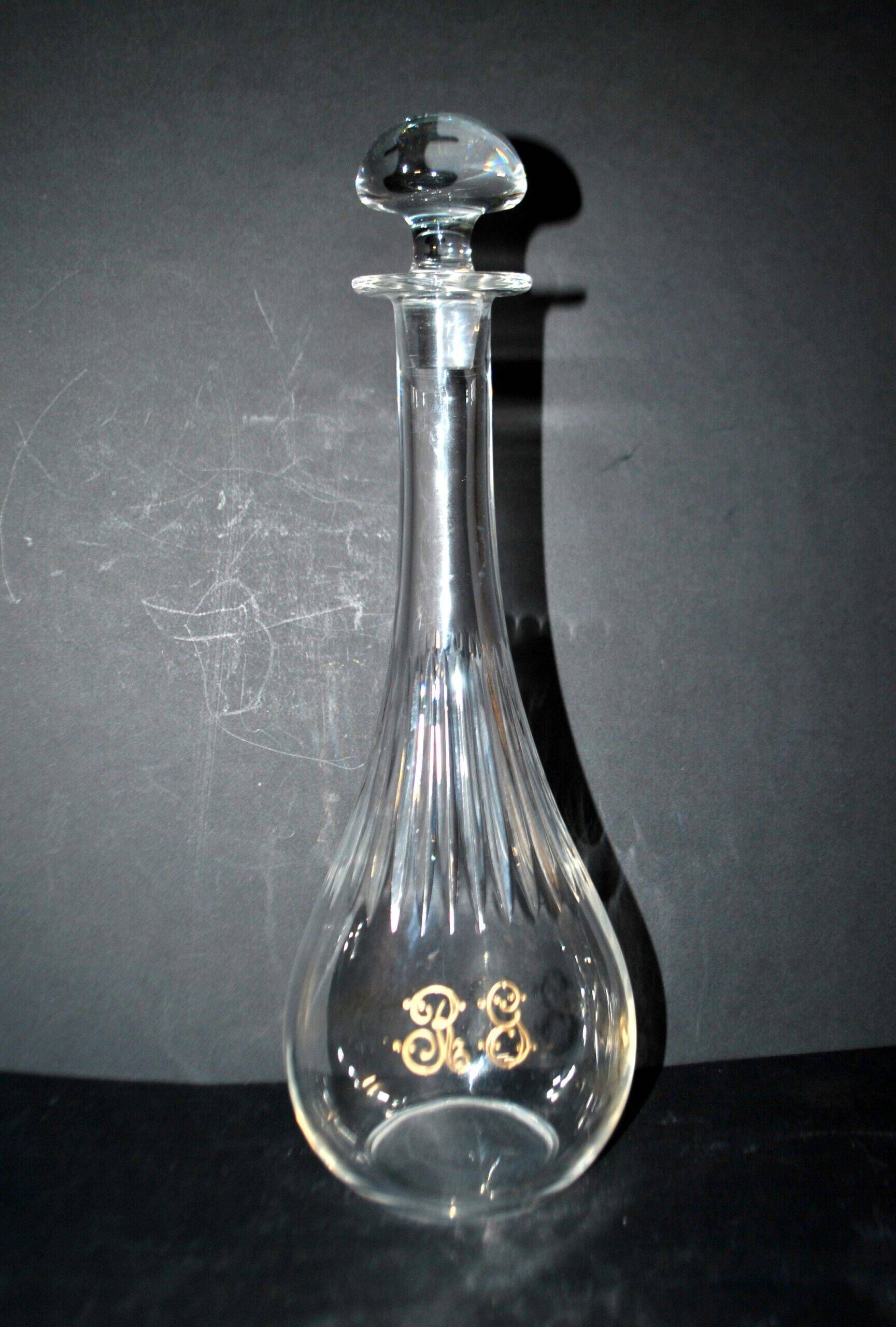 Carafe ancienne en cristal taillé et gravure dorée monogramme RG H33.5cm