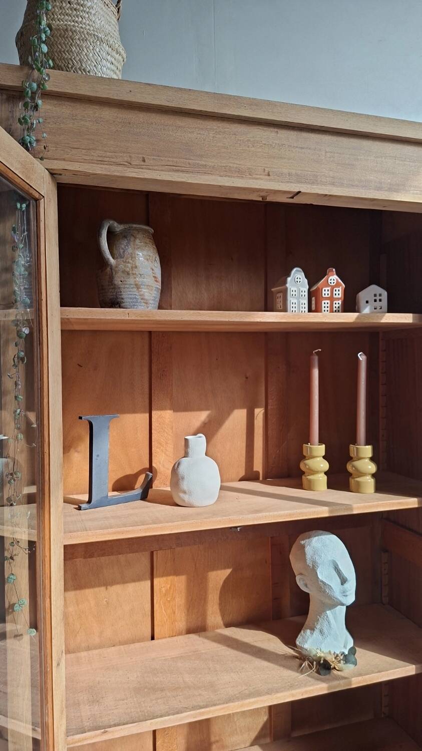 Large antique display cabinet in patinated solid oak.