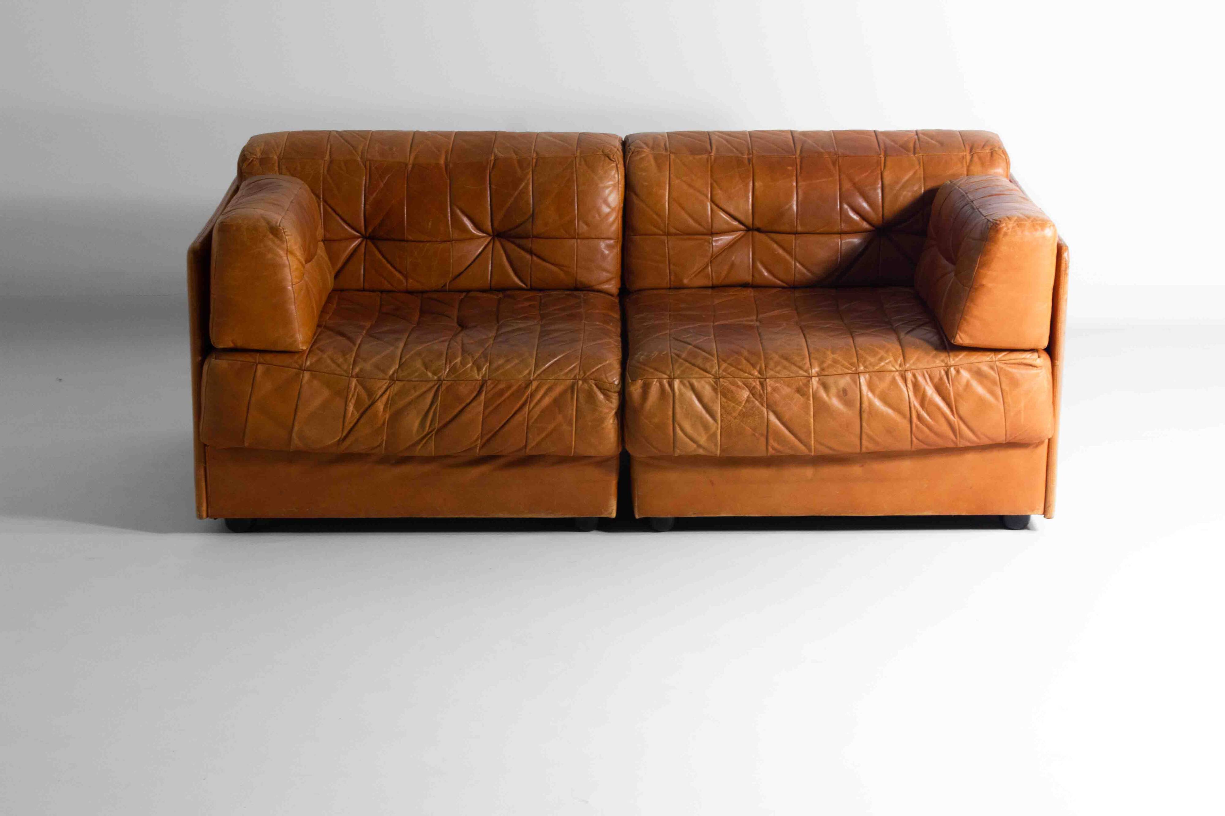 Vintage patchwork leather sofa in caramel leather, Germany 1960s