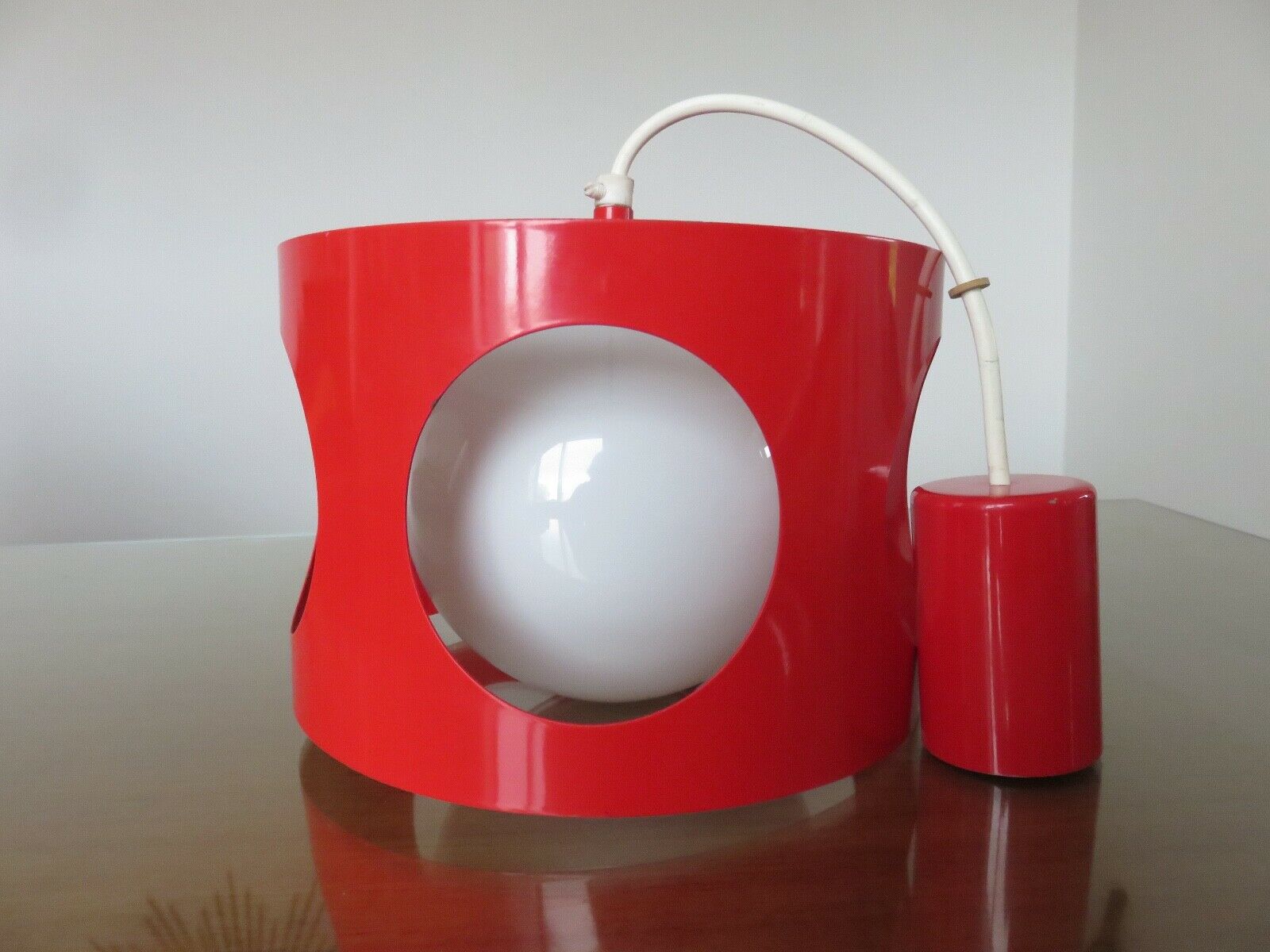 Suspension in red lacquered metal and white opaline ball 60s 70s
