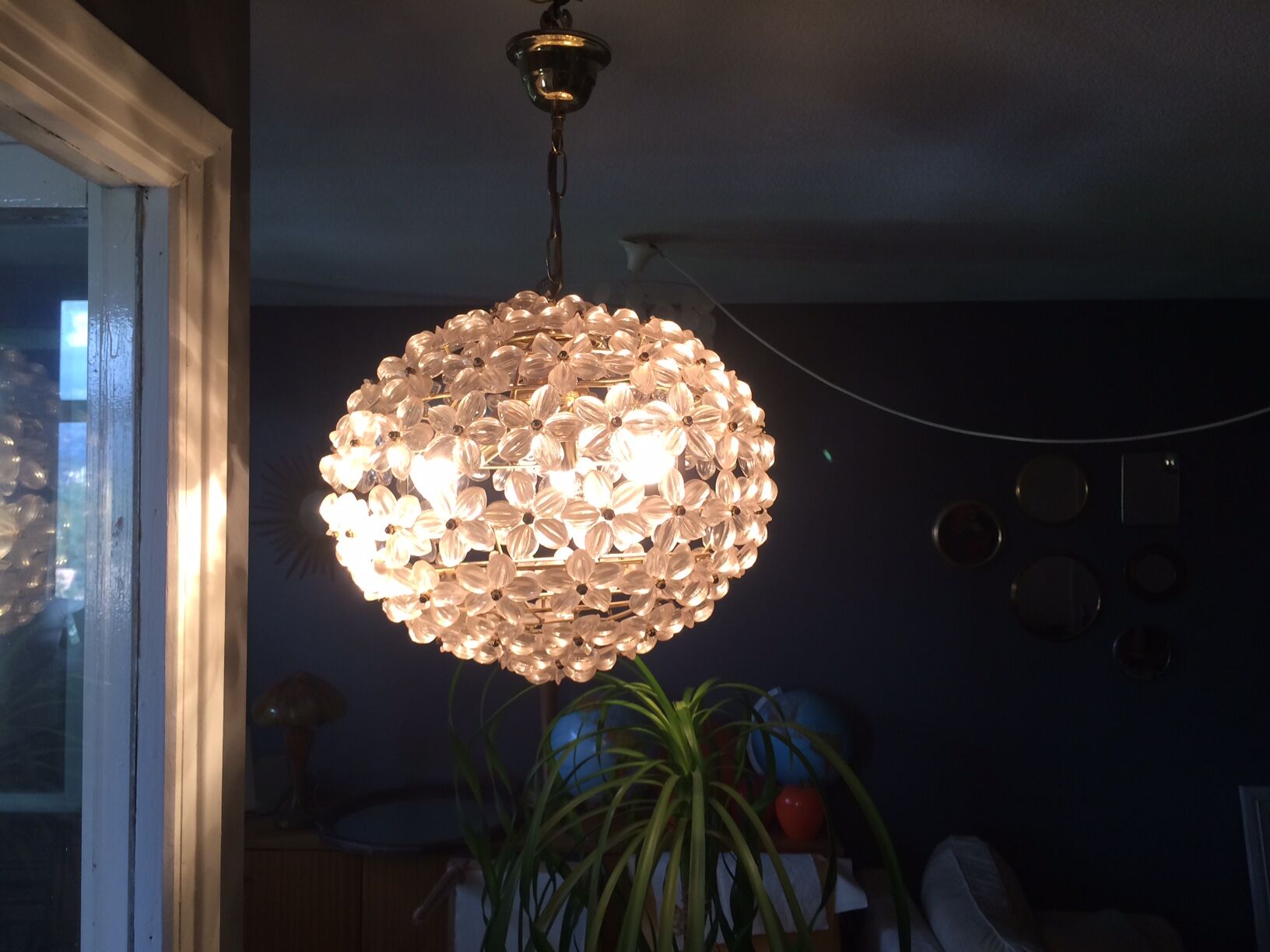 Vintage floral ball hanging lamp, 3 lights 60s