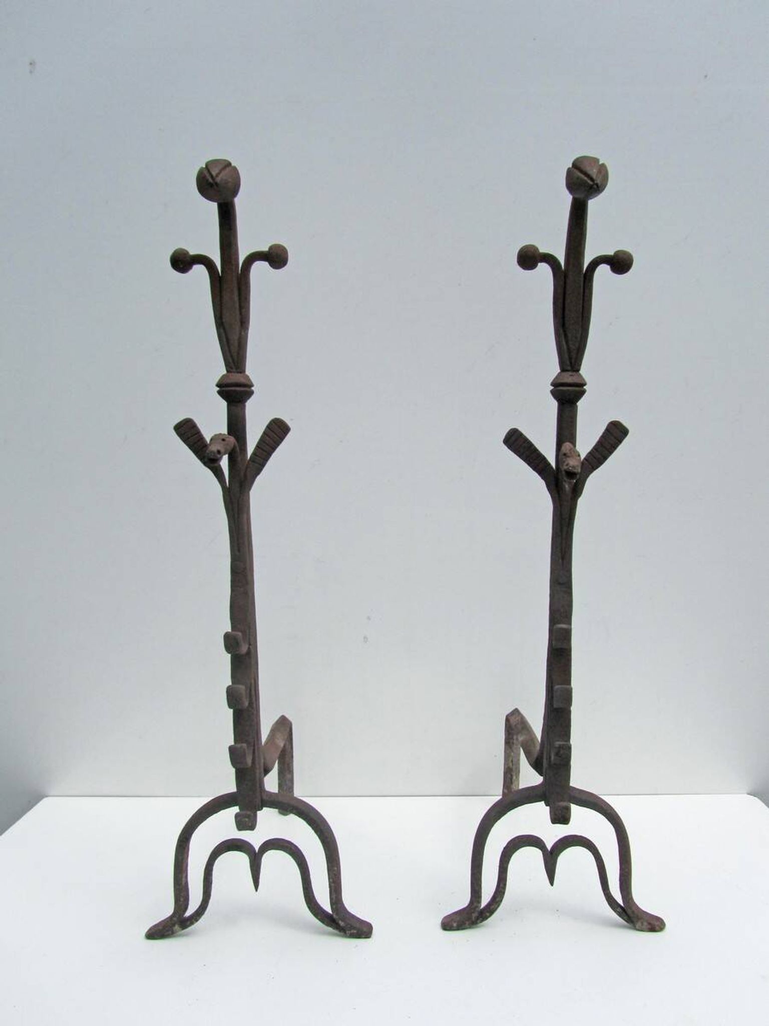 17th-18th Century Hand Forged Iron Dragon Gothic Andirons or Firedogs