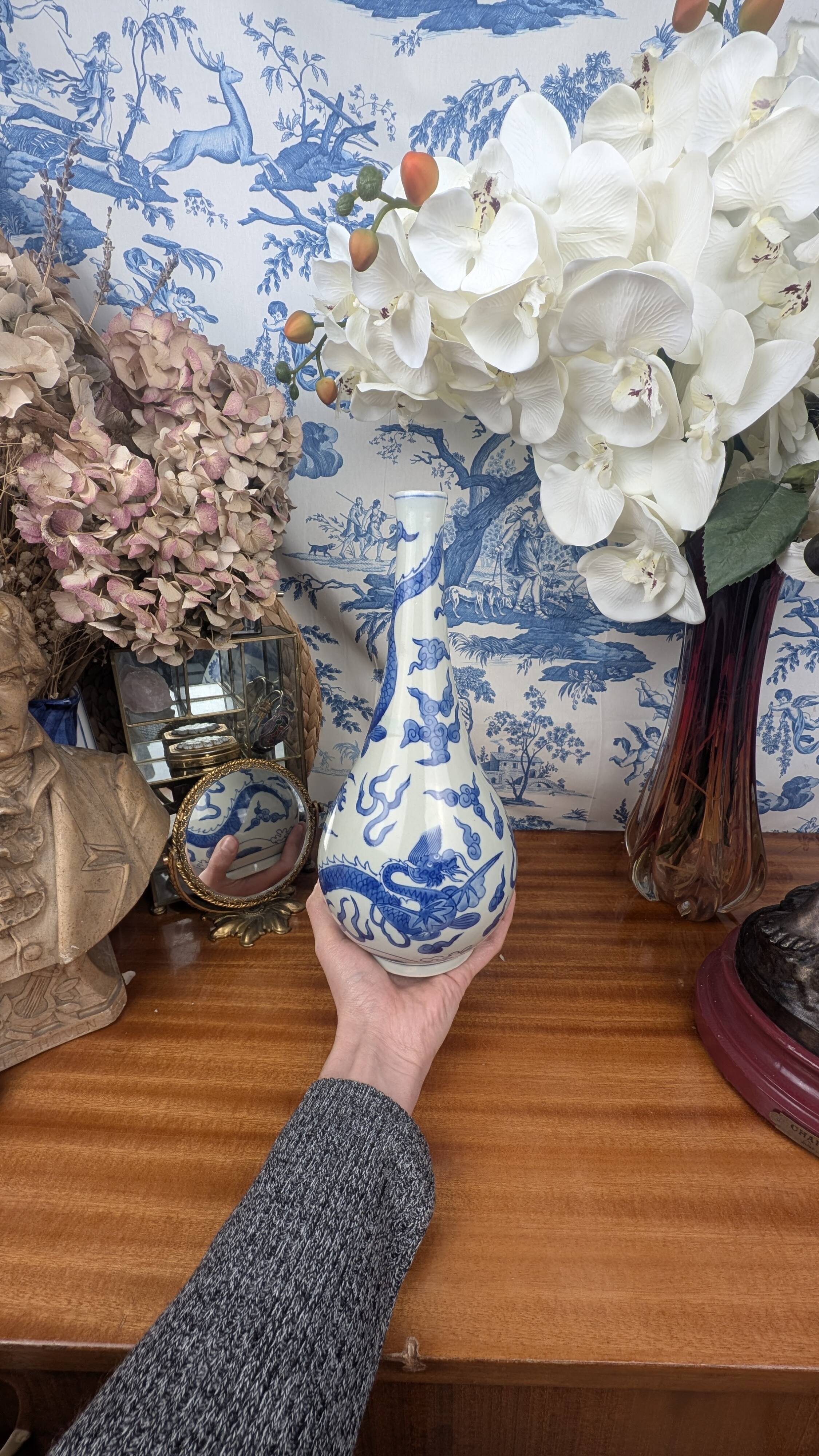 Blue hue piriform vase with dragon decor, vietnamese porcelain