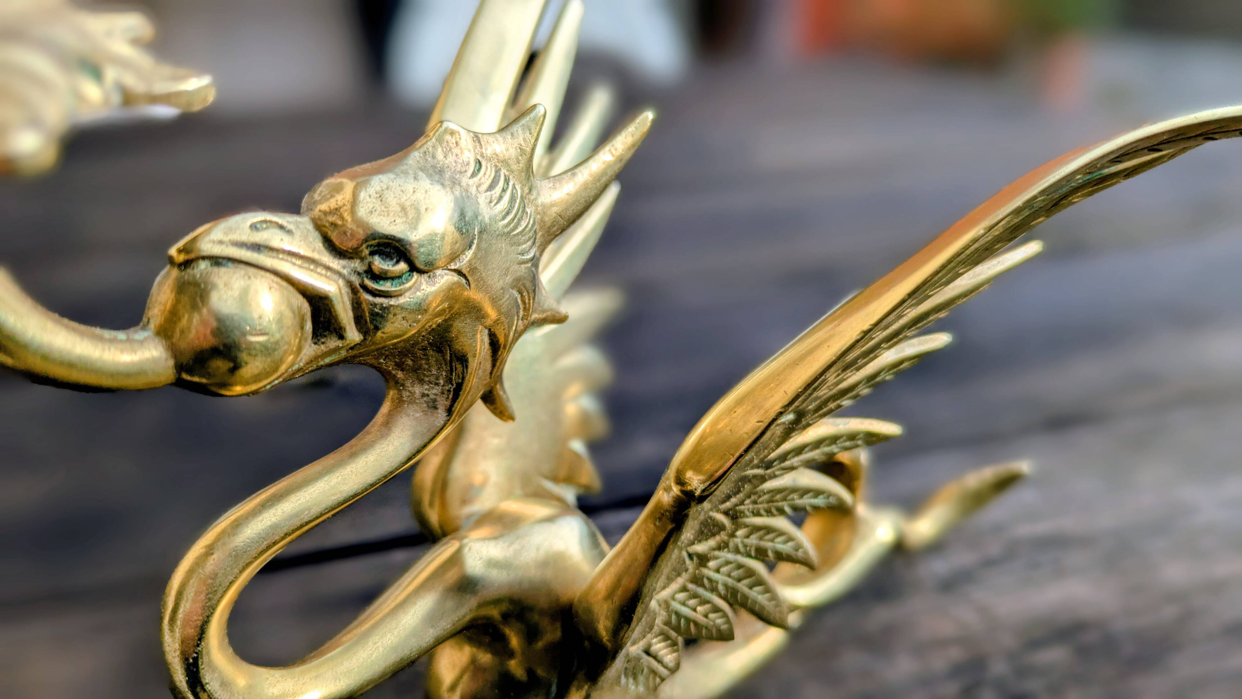 Large Brass Candlestick - Mythological Winged Griffin Dragon - Gothic