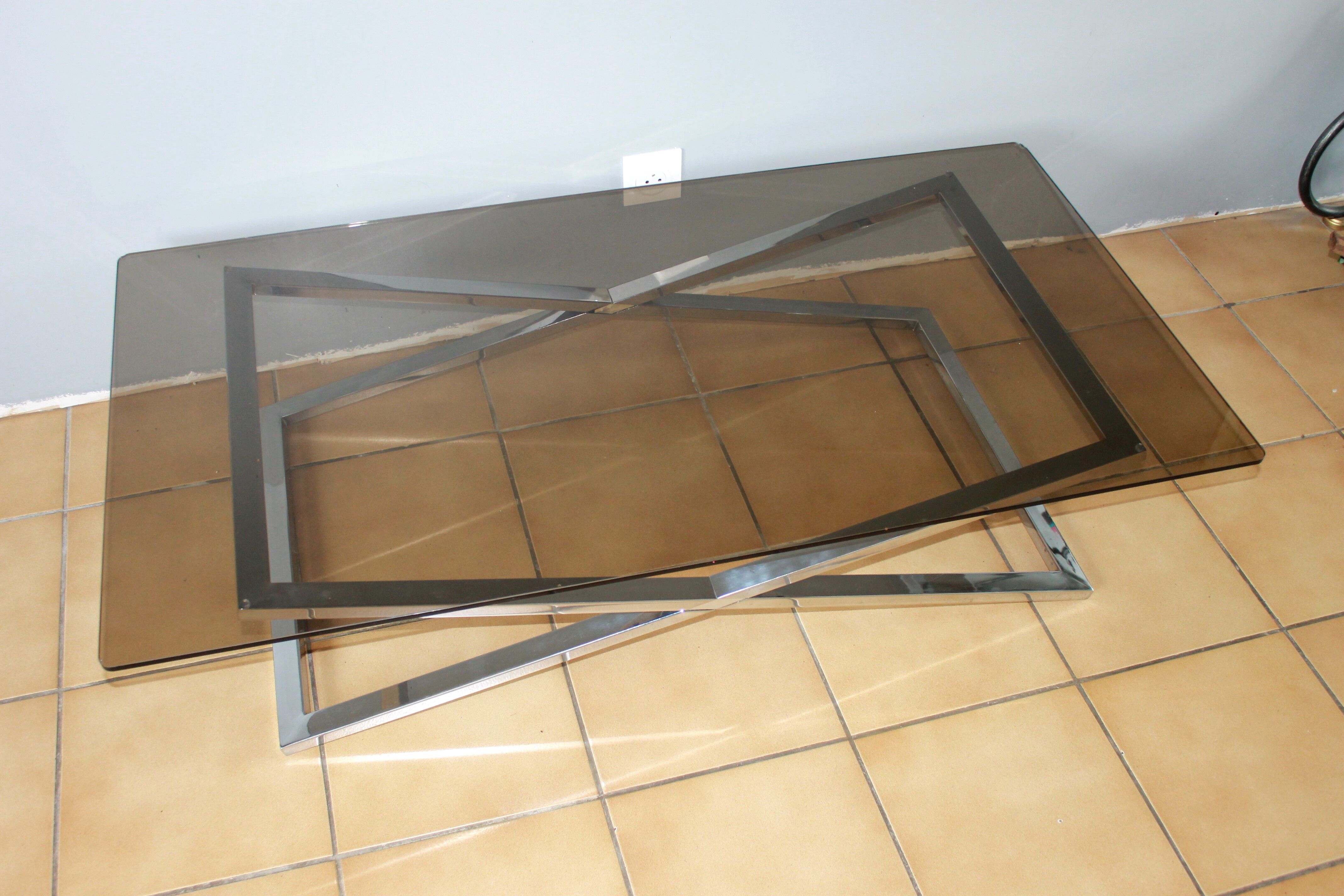 Coffee table smoked glass and chrome 1970