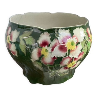 Cache pot manufacture Saint Clément barbotine décor floral estampillé, faïence