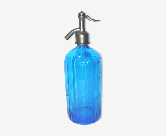 Siphon ancien en verre bleu Tchécoslovaquie - Bistrot L. GALLARD à Vallet 1939