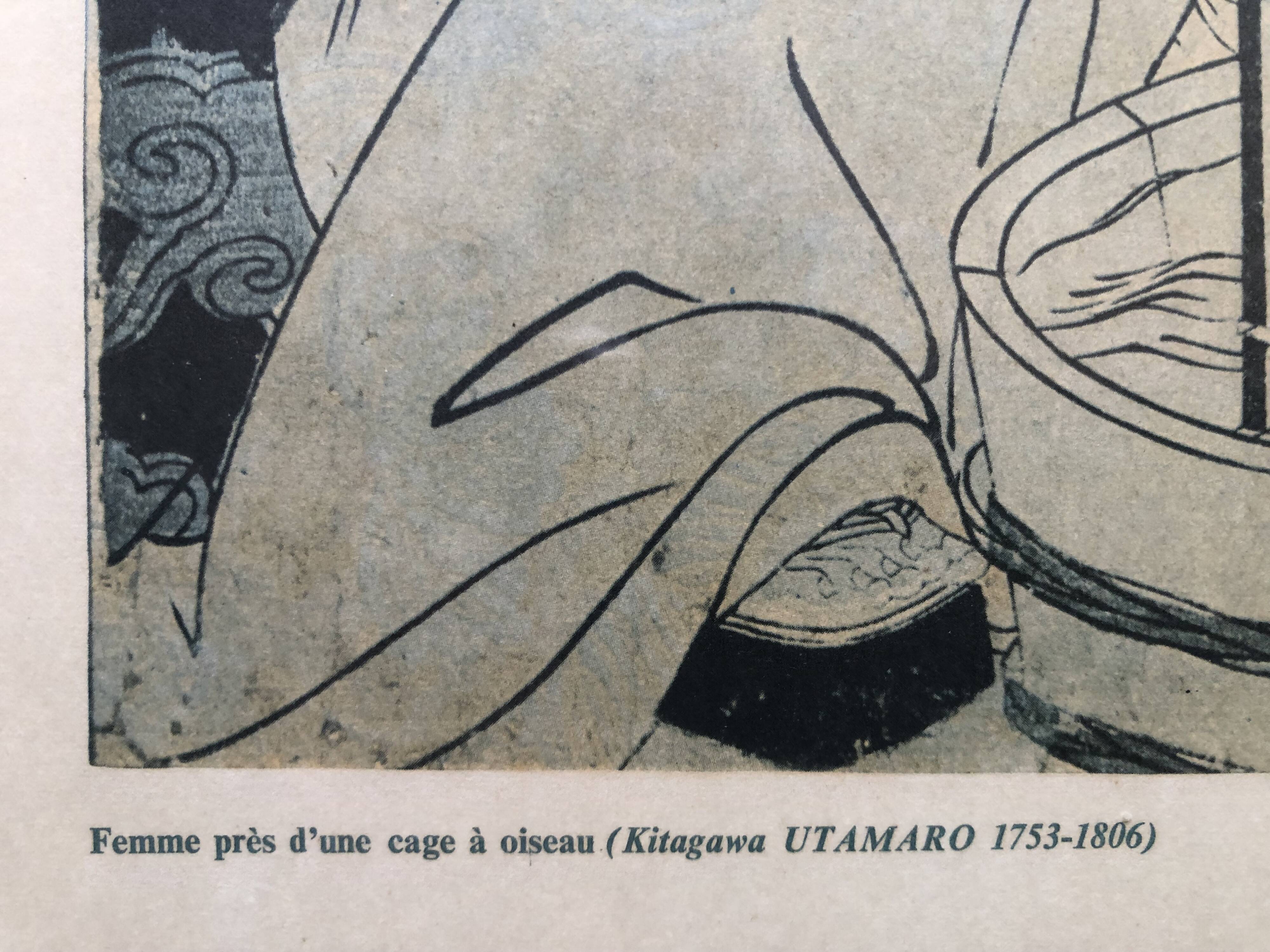 Japan print, woman near bird cage kitagawa utamaro copy 1961 rennes museum