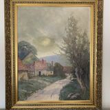 Old oil painting on canvas attributed to R. SCHWAB. Village vintage gilded wood frame 65 x 80 cm