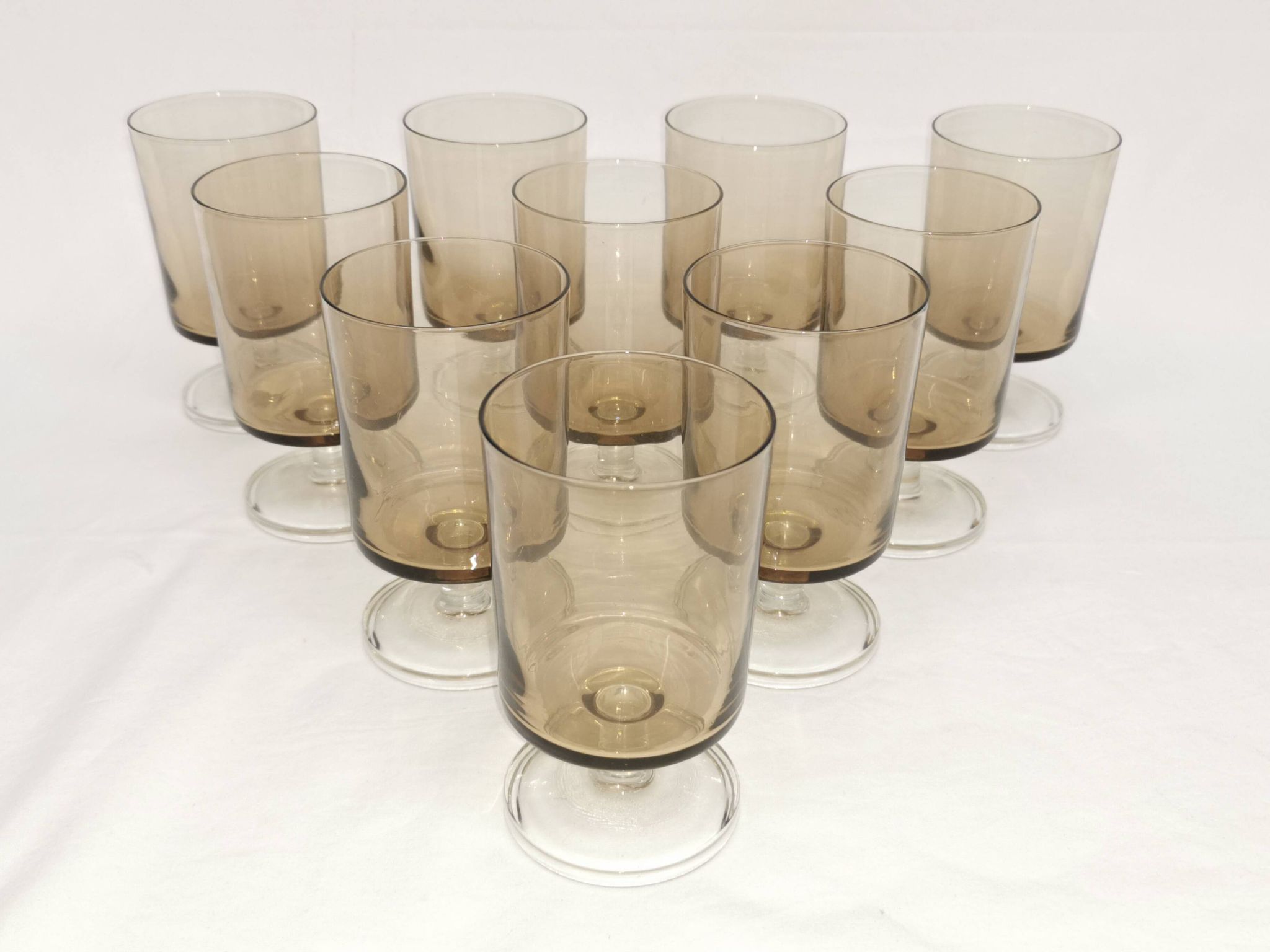 Vintage 70s stemmed glasses, lot of 10 smoked Luminarc verrines