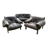Set de 3 fauteuils et canapé Mid-Century en cuir marron et bois noir capitonné (1960s)