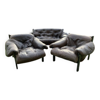 Set of 3 armchairs and a Mid-Century brown leather and black wood tufted sofa (1960s)